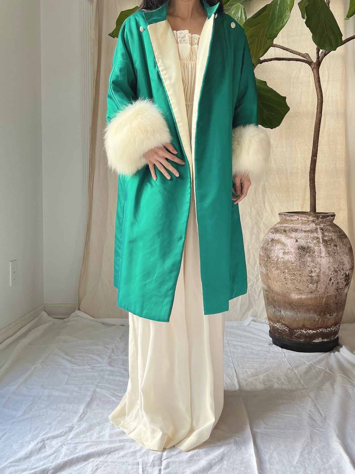 1960s Emerald Silk Satin Fox Cuff Coat - OSFM