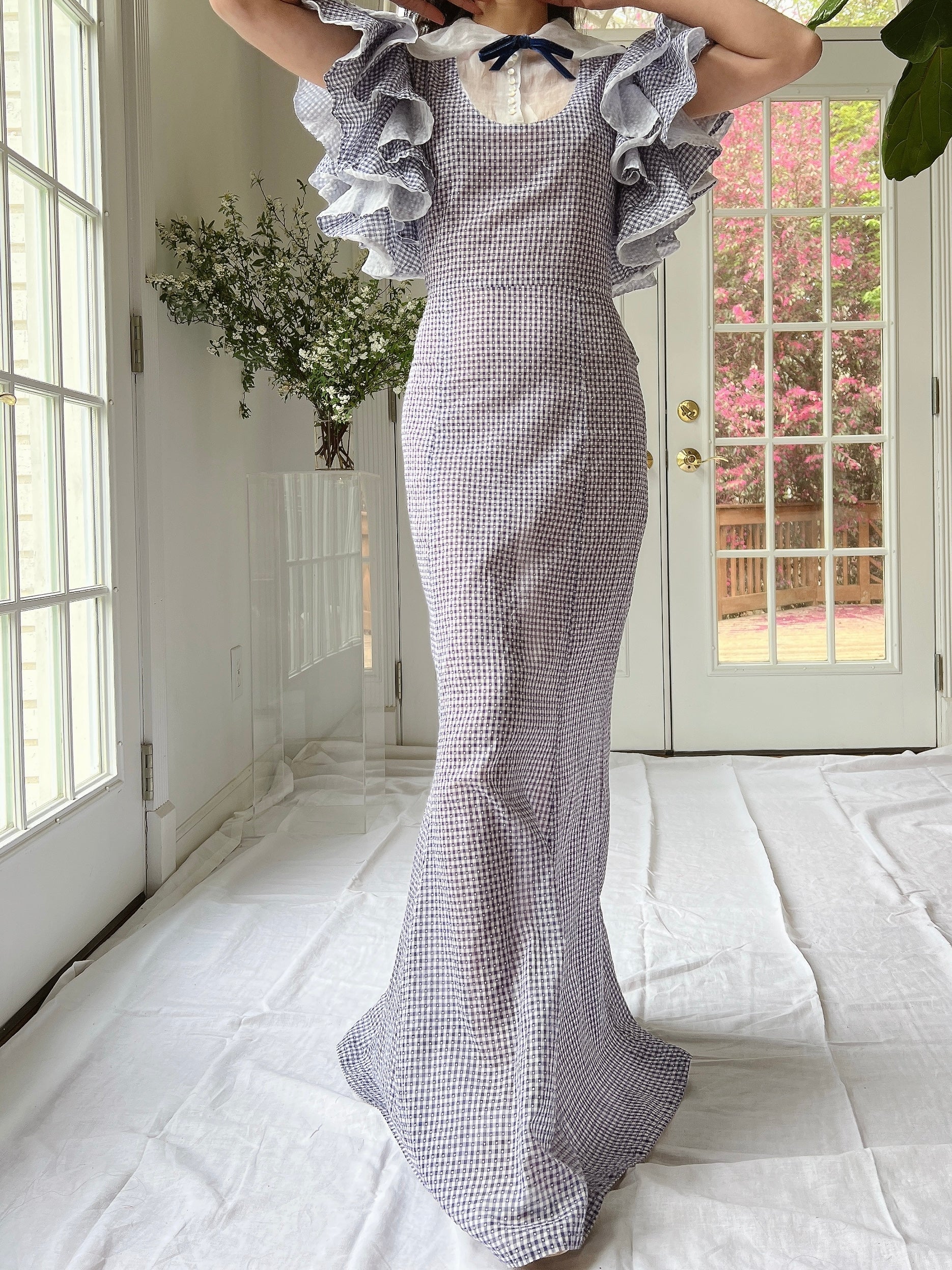 1930s Cotton and Organza Flutter Sleeve Gown - XS/S