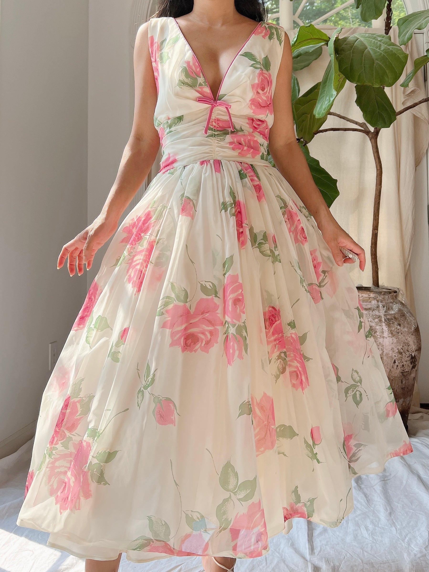 1950s Rose Print Dress - S