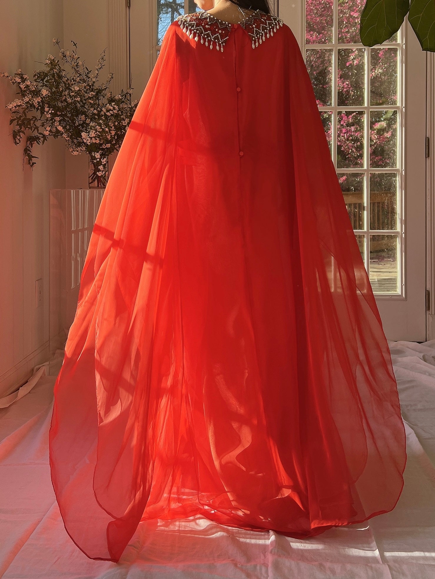 1960s Coral Red Chiffon Kaftan Dress - L