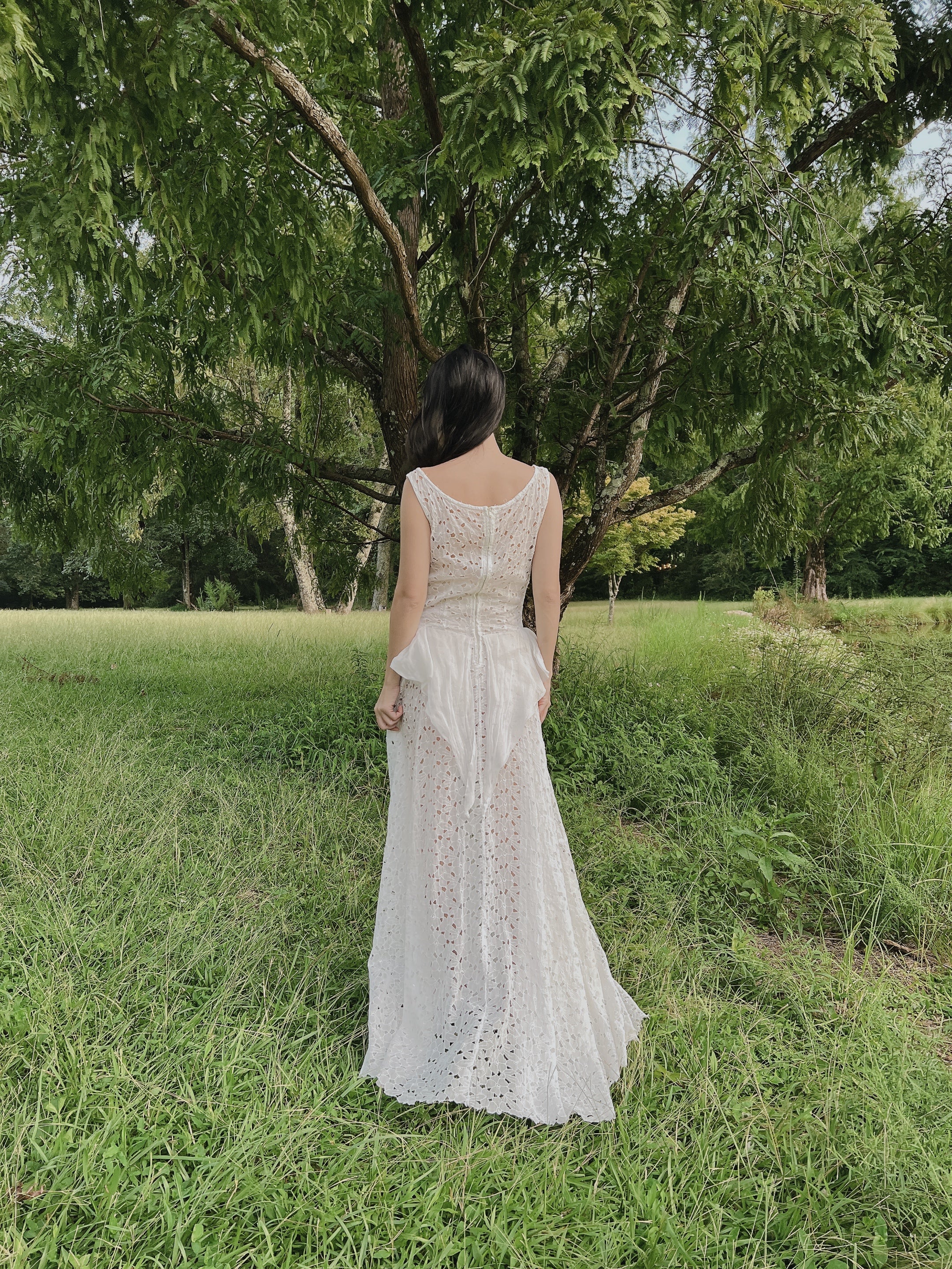 1930s Ivory Organdy Embroidered Cutout Gown - S