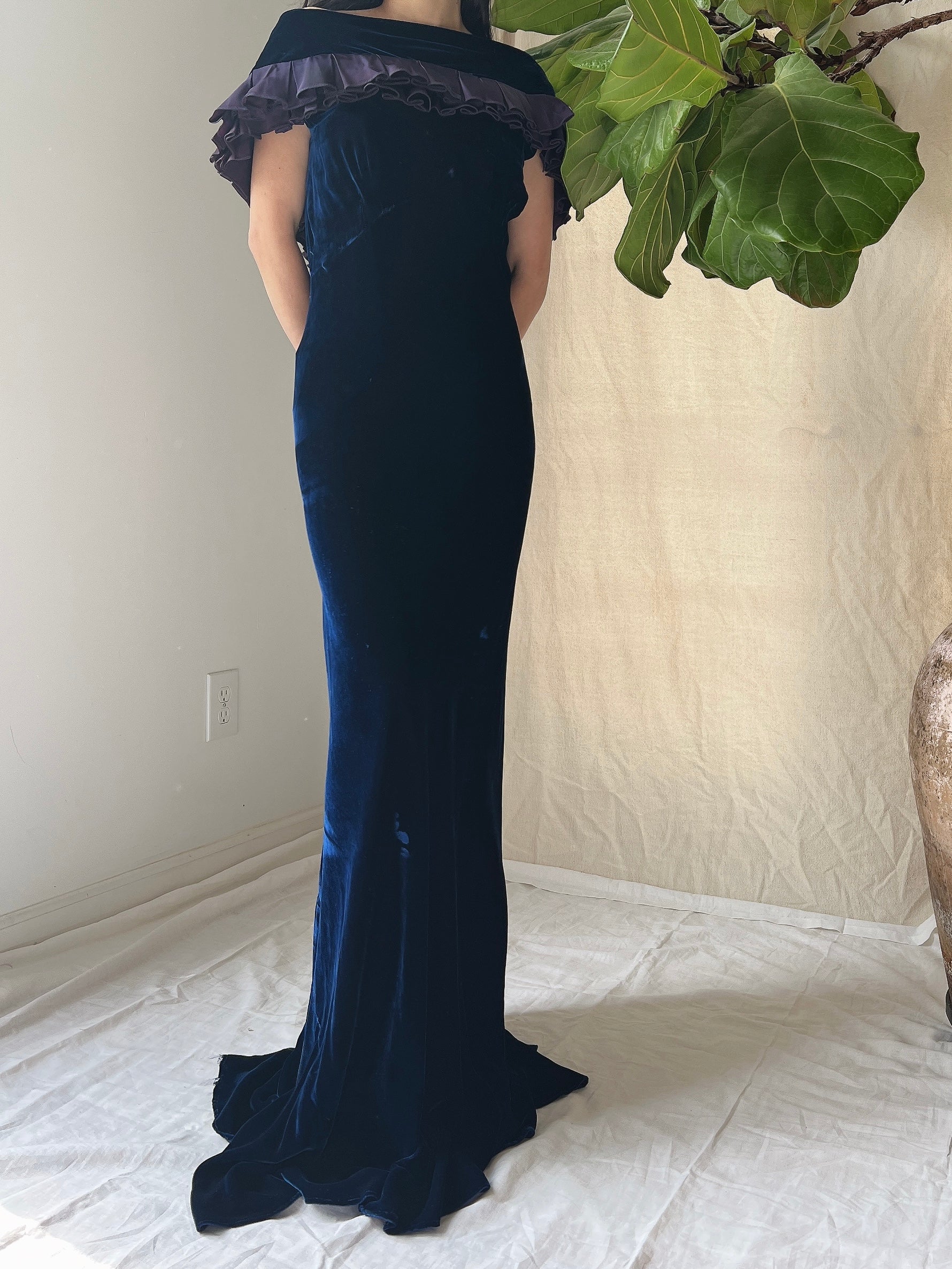 1930s Sapphire Silk Velvet Gown - S/M