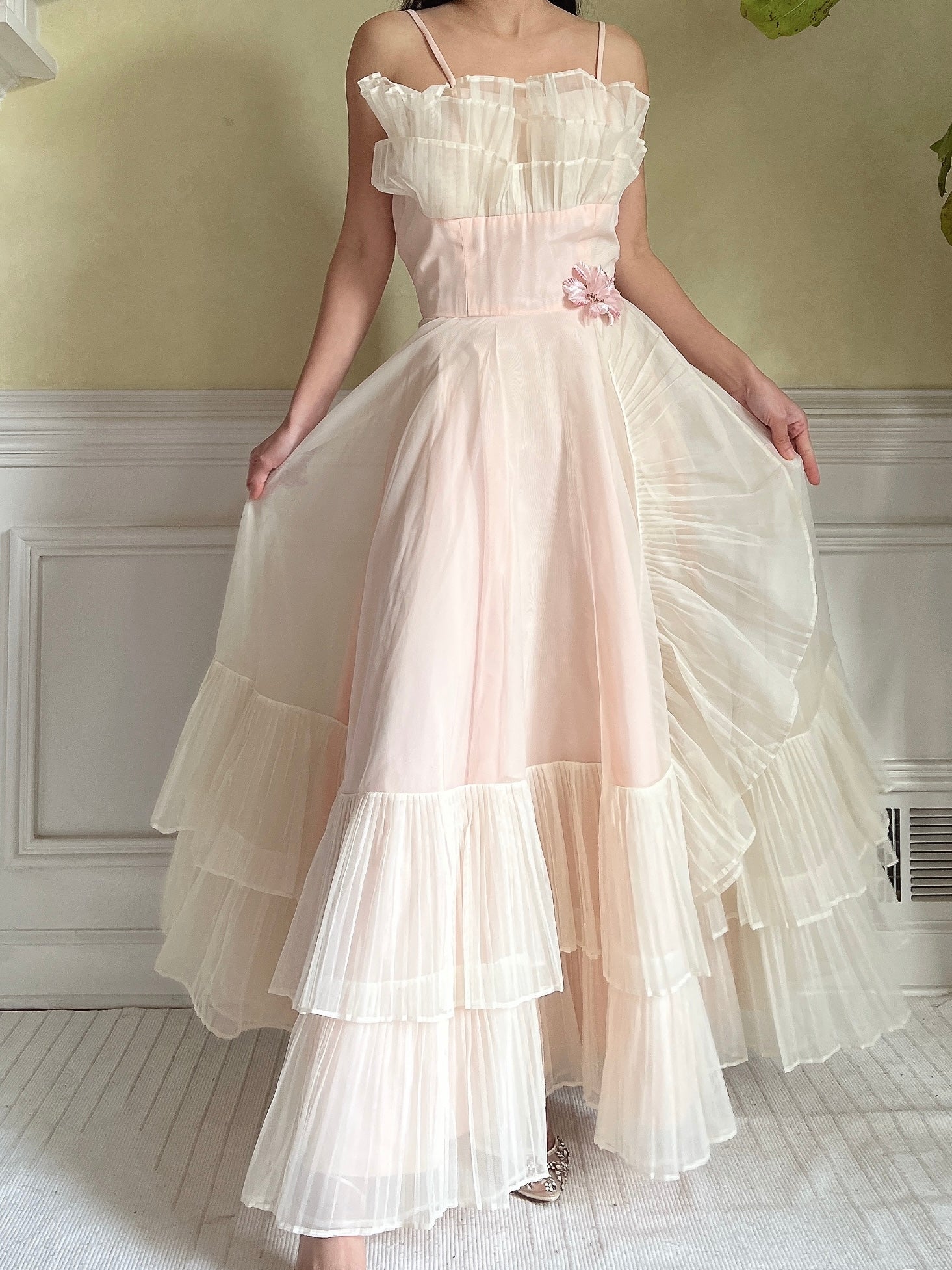 1950s Net Chiffon Ruffle Dress - XS/S