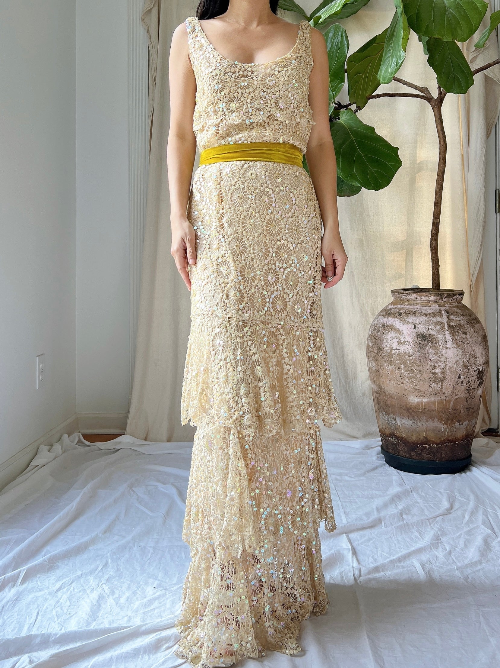 1930s Sequins Lace Gown - S