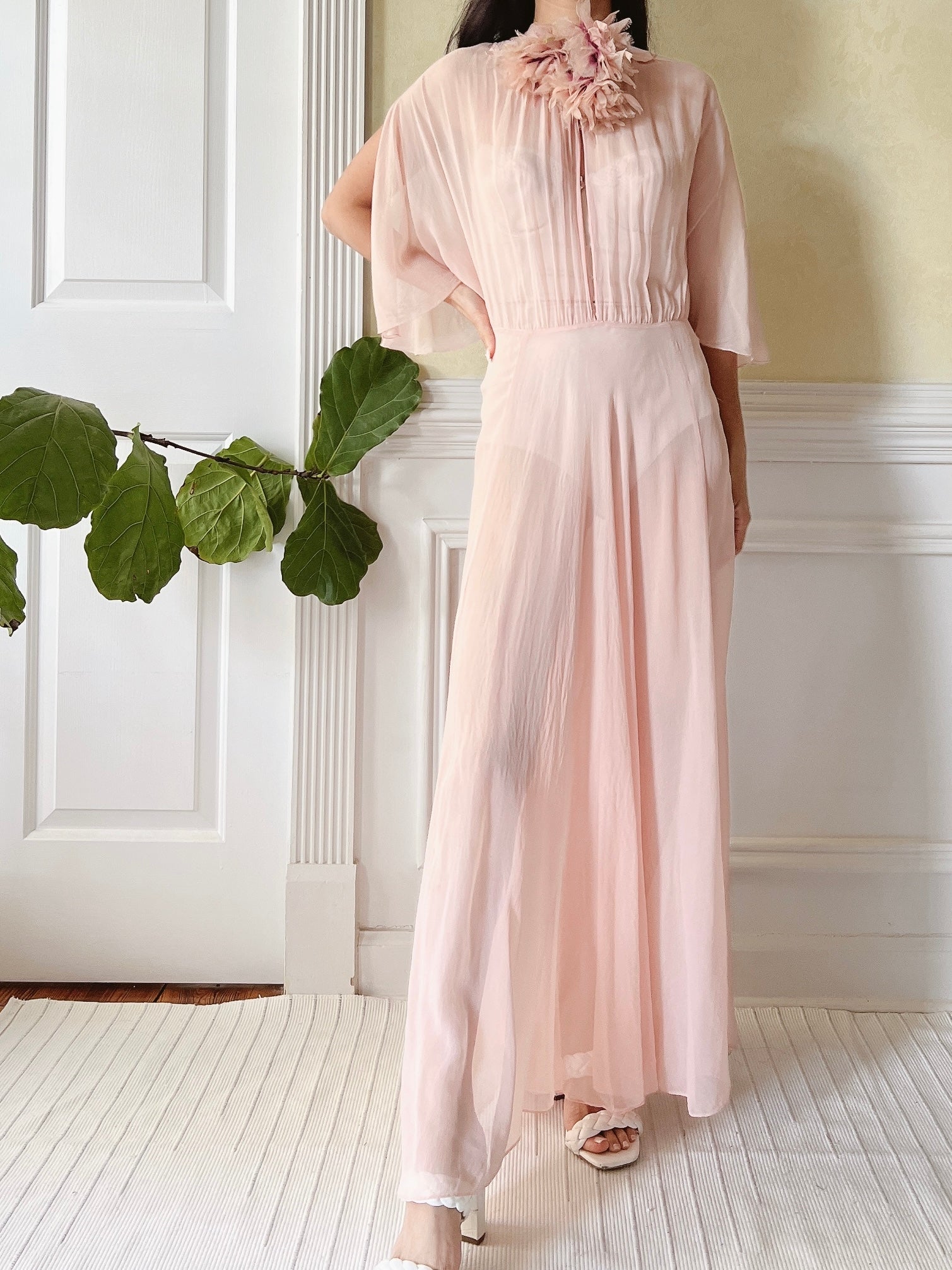 1930s Silk Chiffon Flutter Sleeve Dress - M