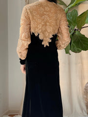 1930s Silk Velvet and Lace Gown - M