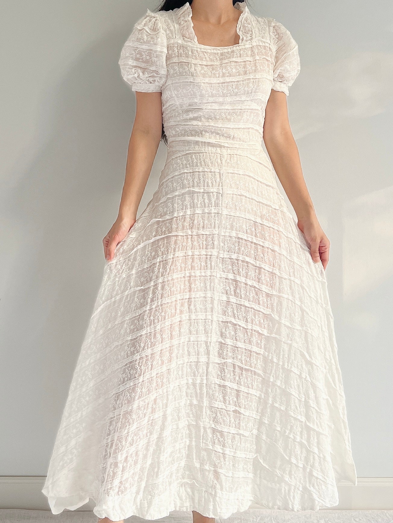 1940s Organdy Embroidered Dress - S