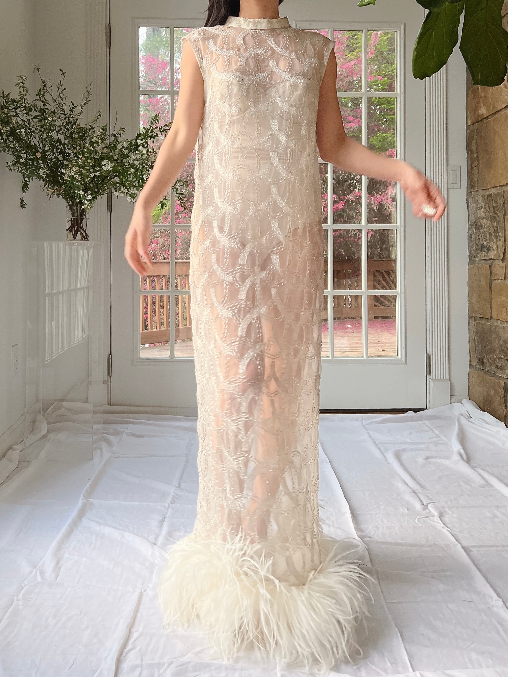 1960s Beaded Organza Dress with Feathers - S-L