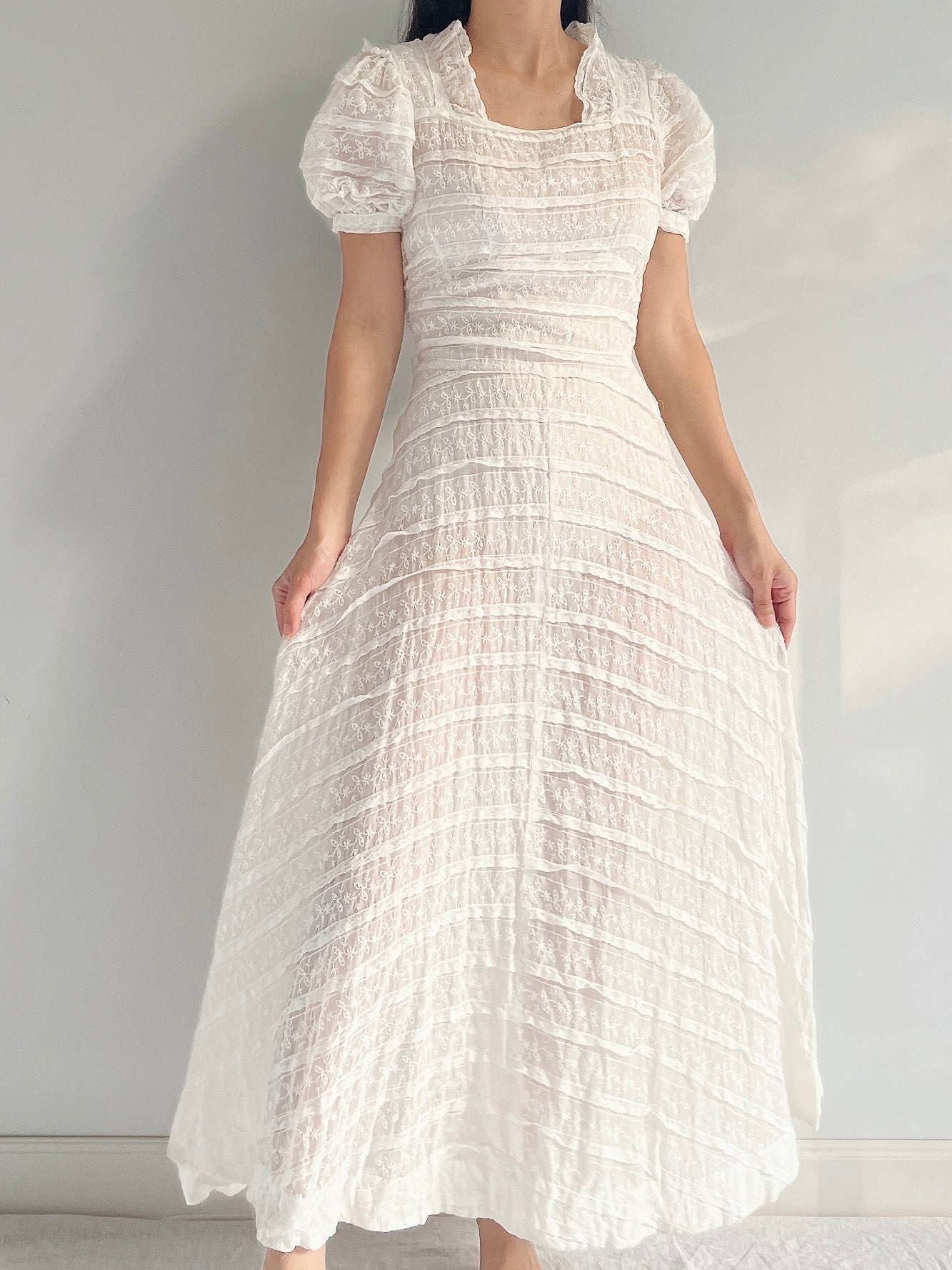 1940s Organdy Embroidered Dress - S