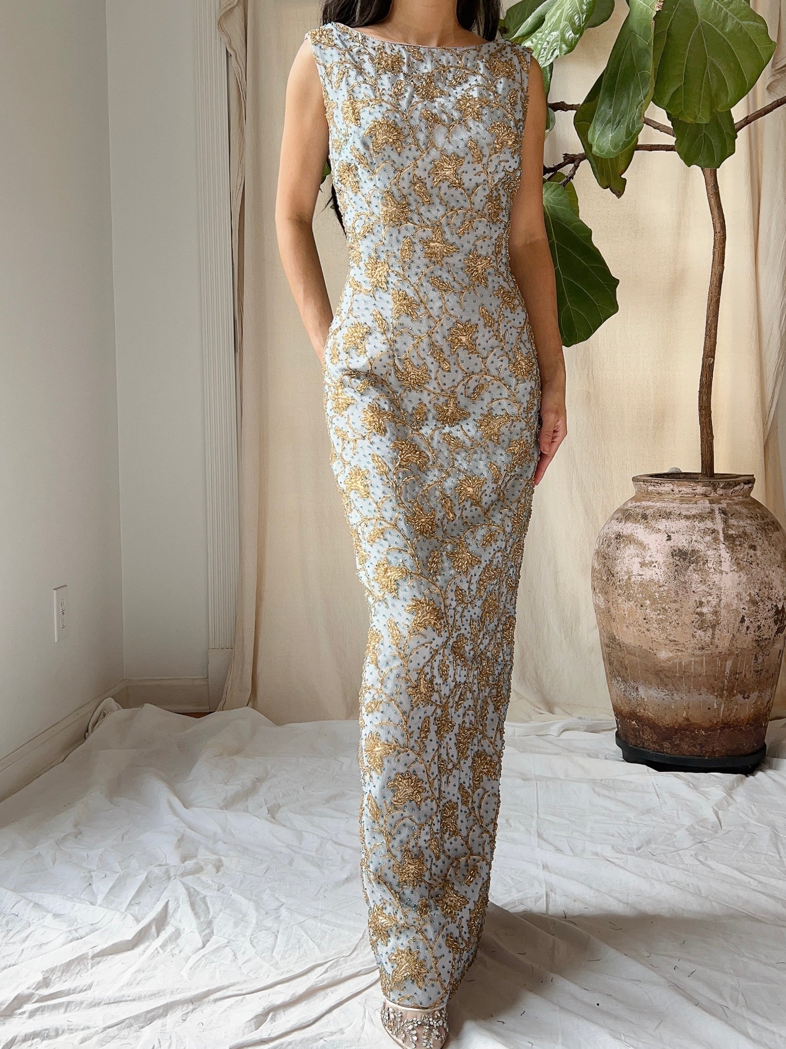 1960s Beaded Brocade Gown - S