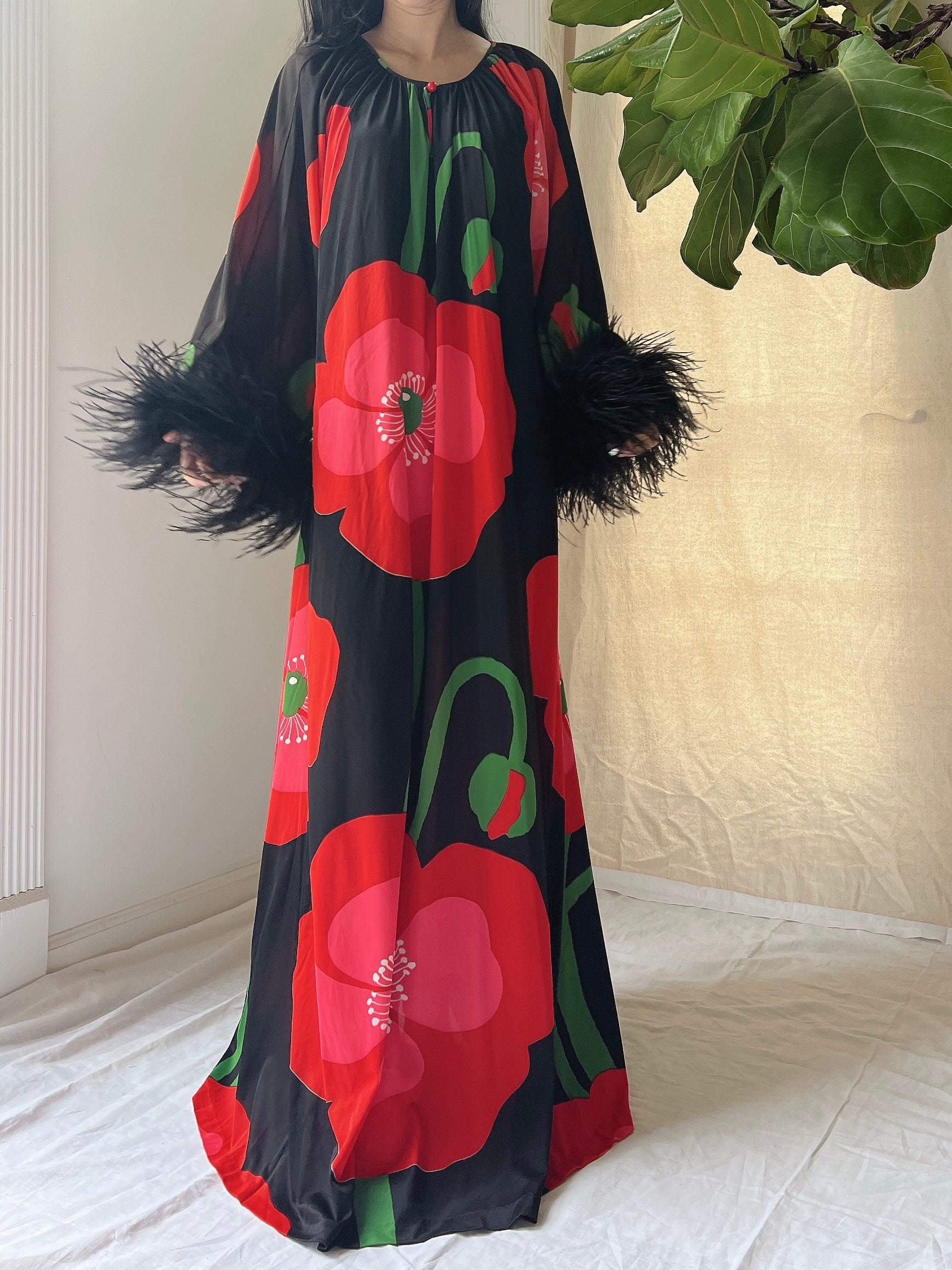 1960s Feather Nylon Poppy Caftan - OSFM
