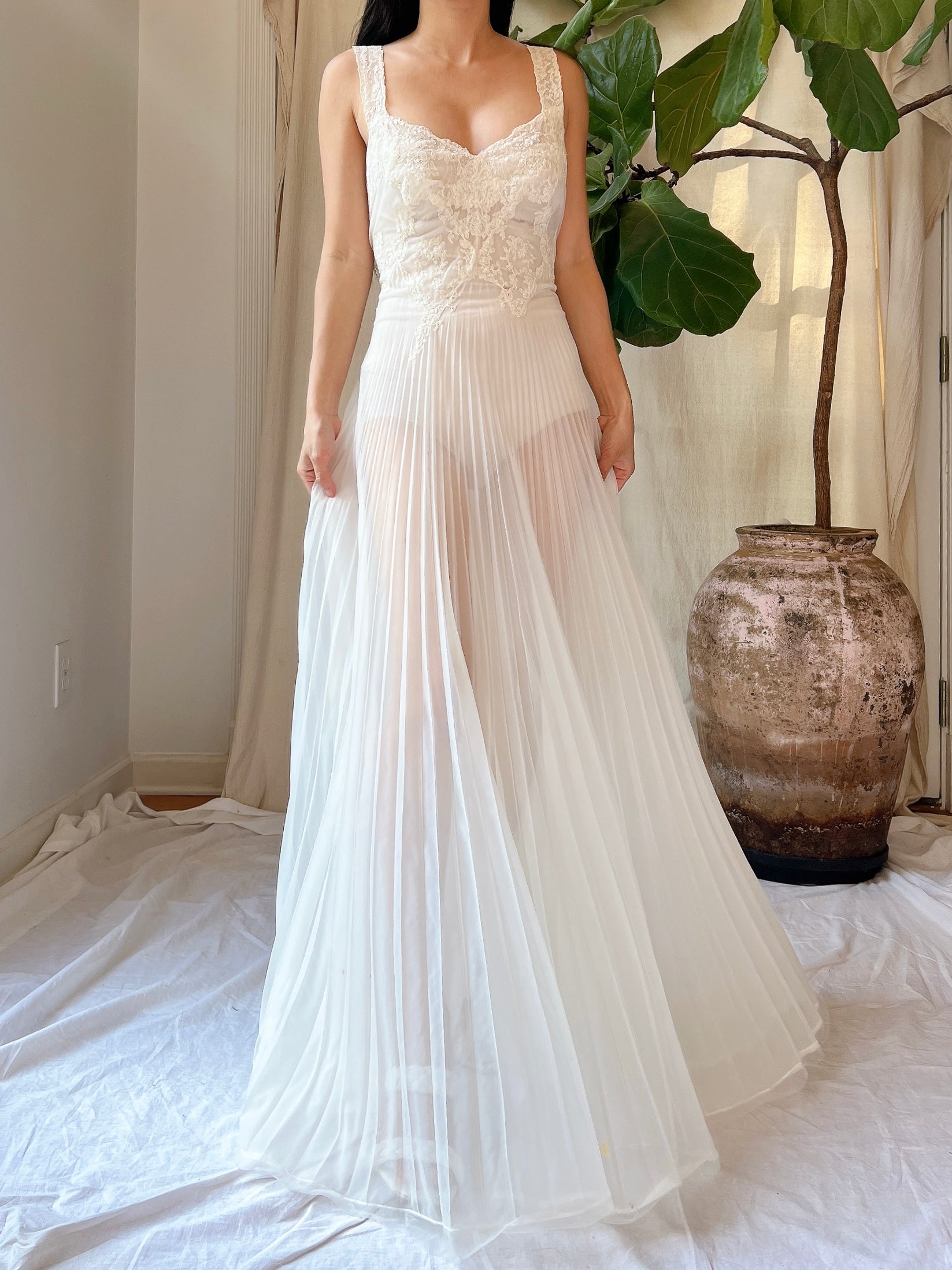 1940s Crystal Pleated Nylon Sheer Slip Dress - XS