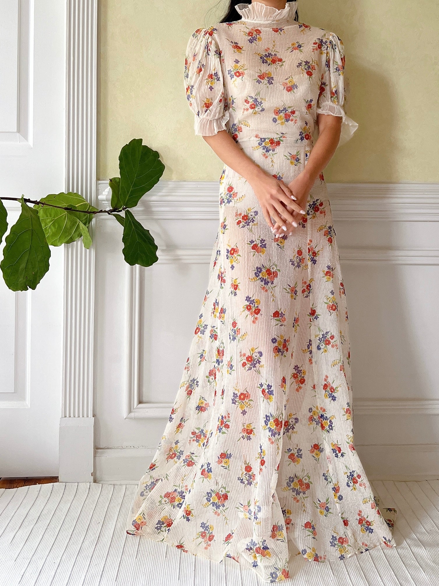 1930s Textured Floral Organdy Dress - S/M