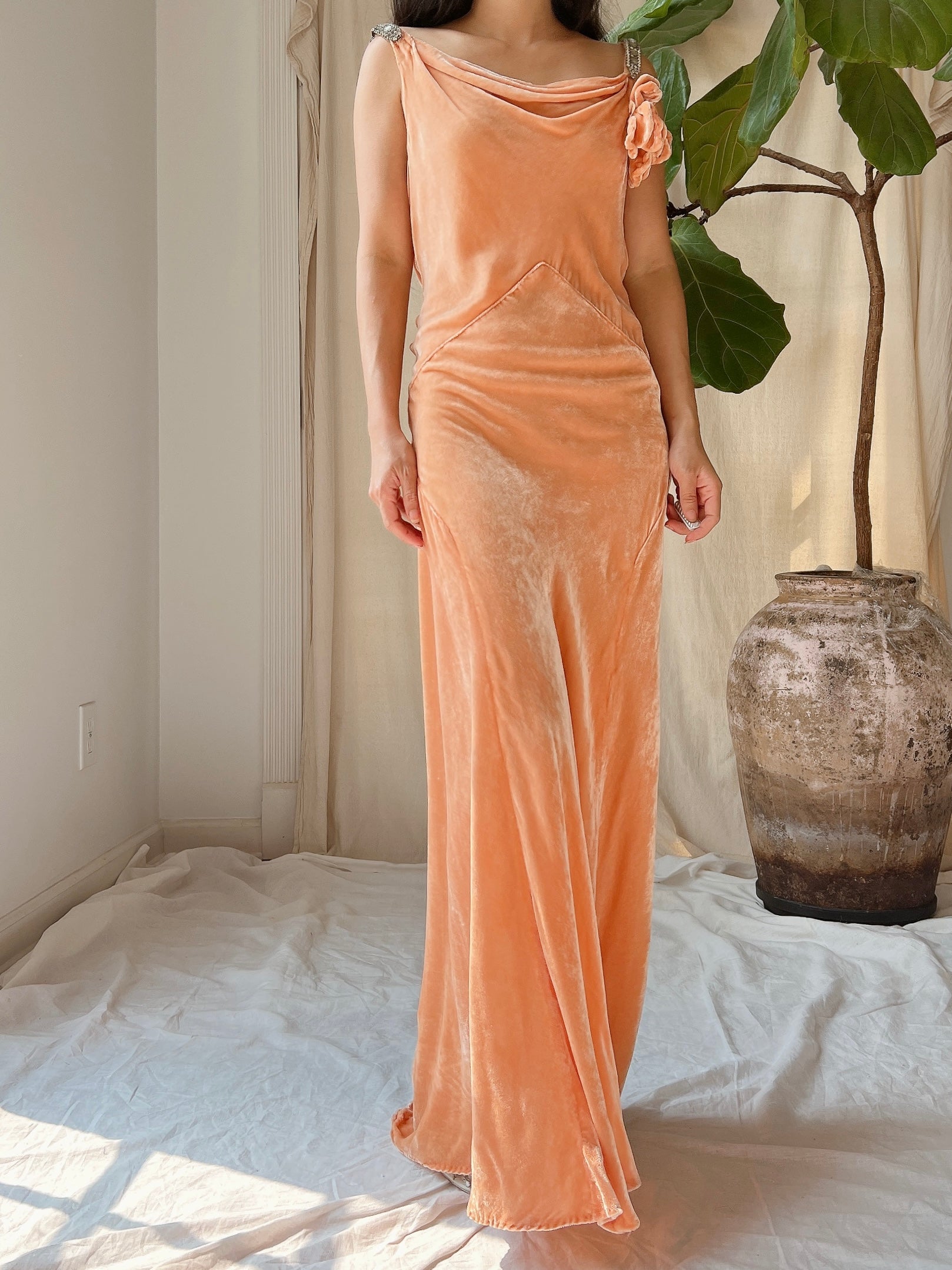 1930s Peach Silk Dress - S