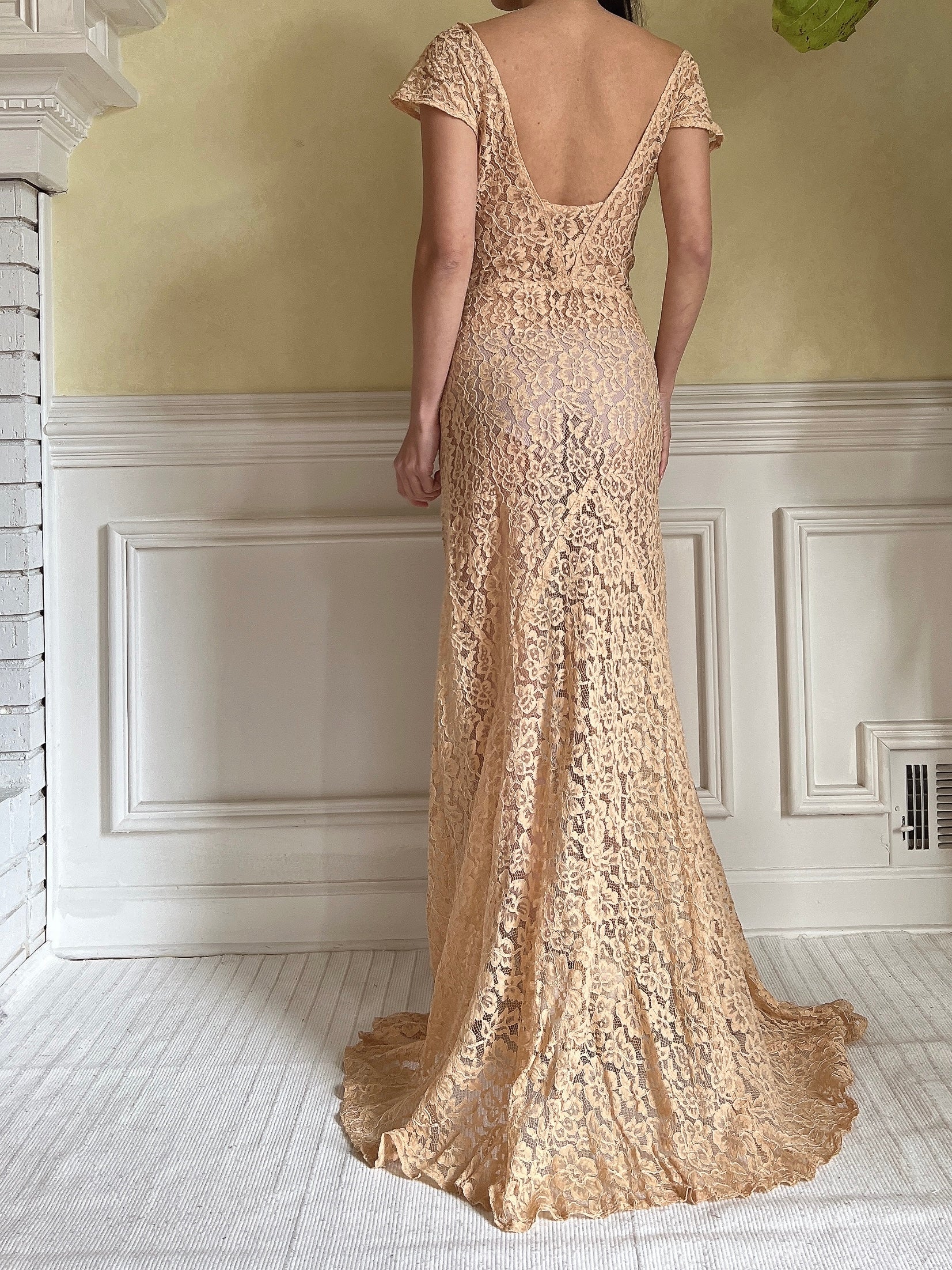 1930s Peach Lace Gown - S