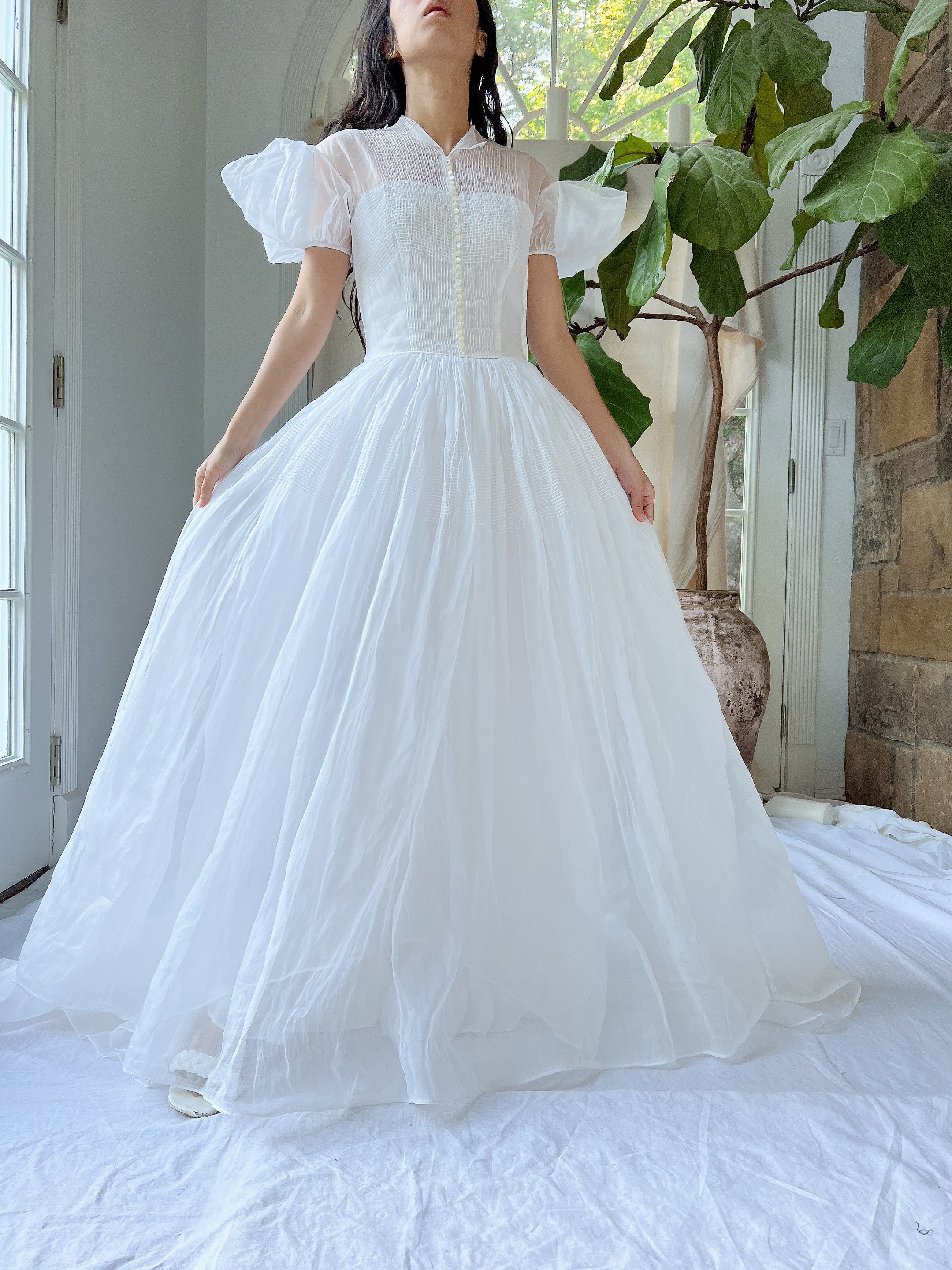 1940s White Organdy Puff Sleeve Dress - XS