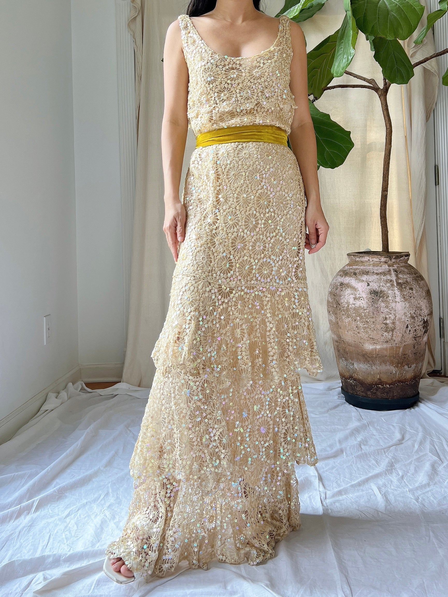 1930s Sequins Lace Gown - S
