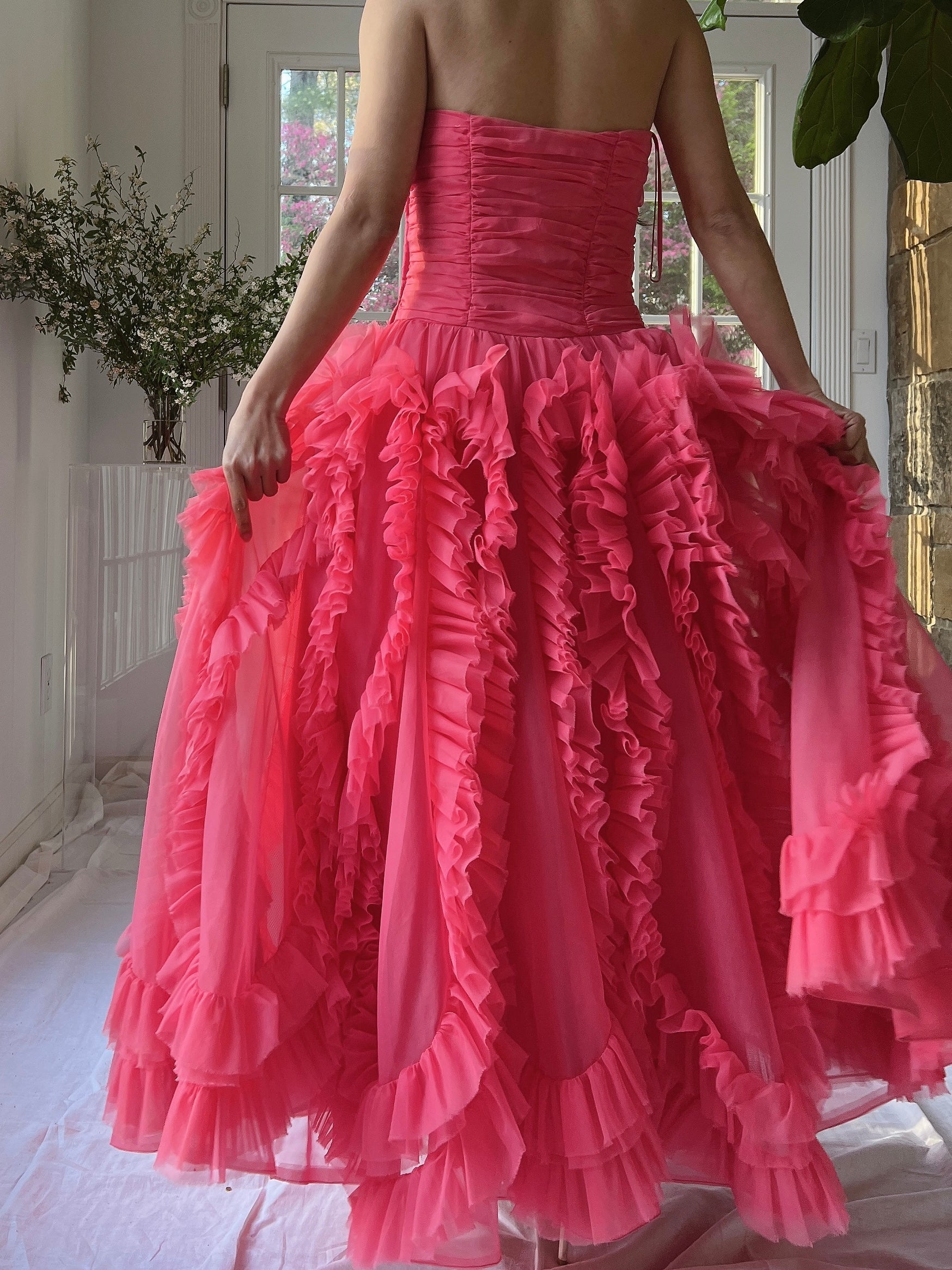 1960s Hot Pink Ruffle Dress - S