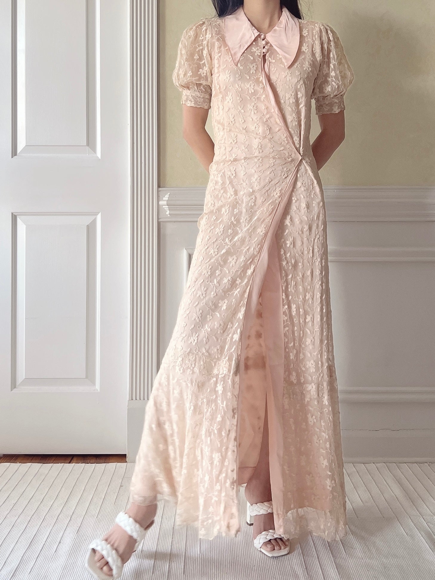 1930s Peach Needle Lace Dressing Gown  - XS/S