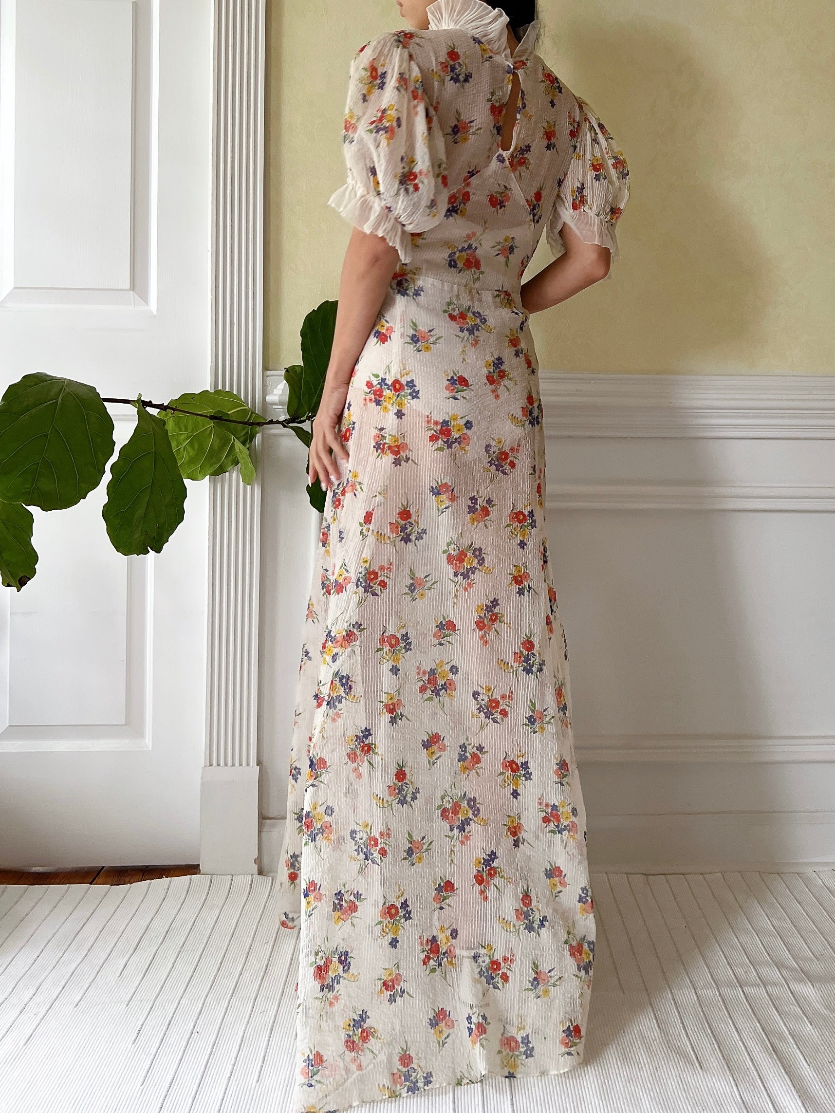 1930s Textured Floral Organdy Dress - S/M