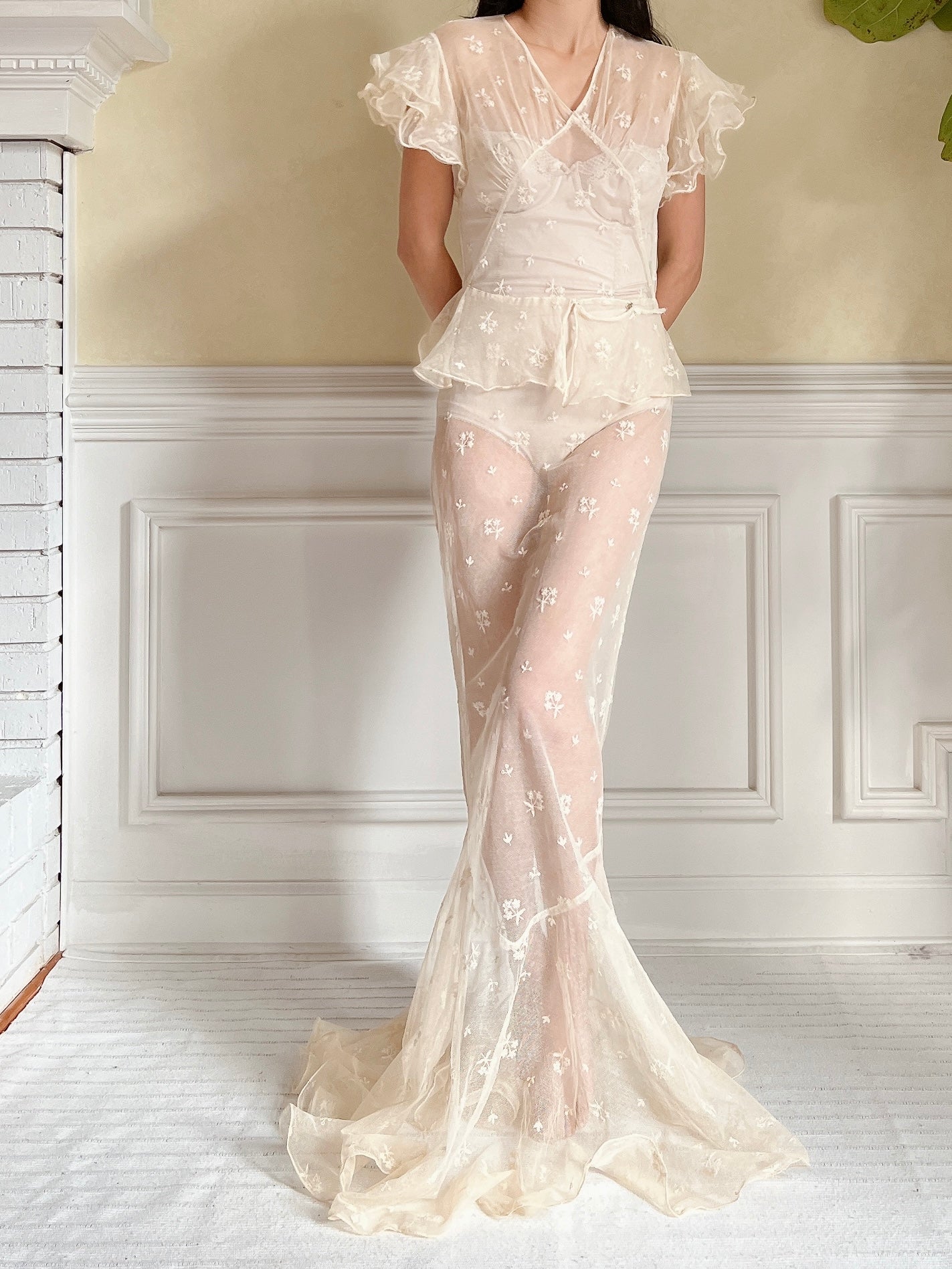 1930s Tulle Embroidered Gown - S
