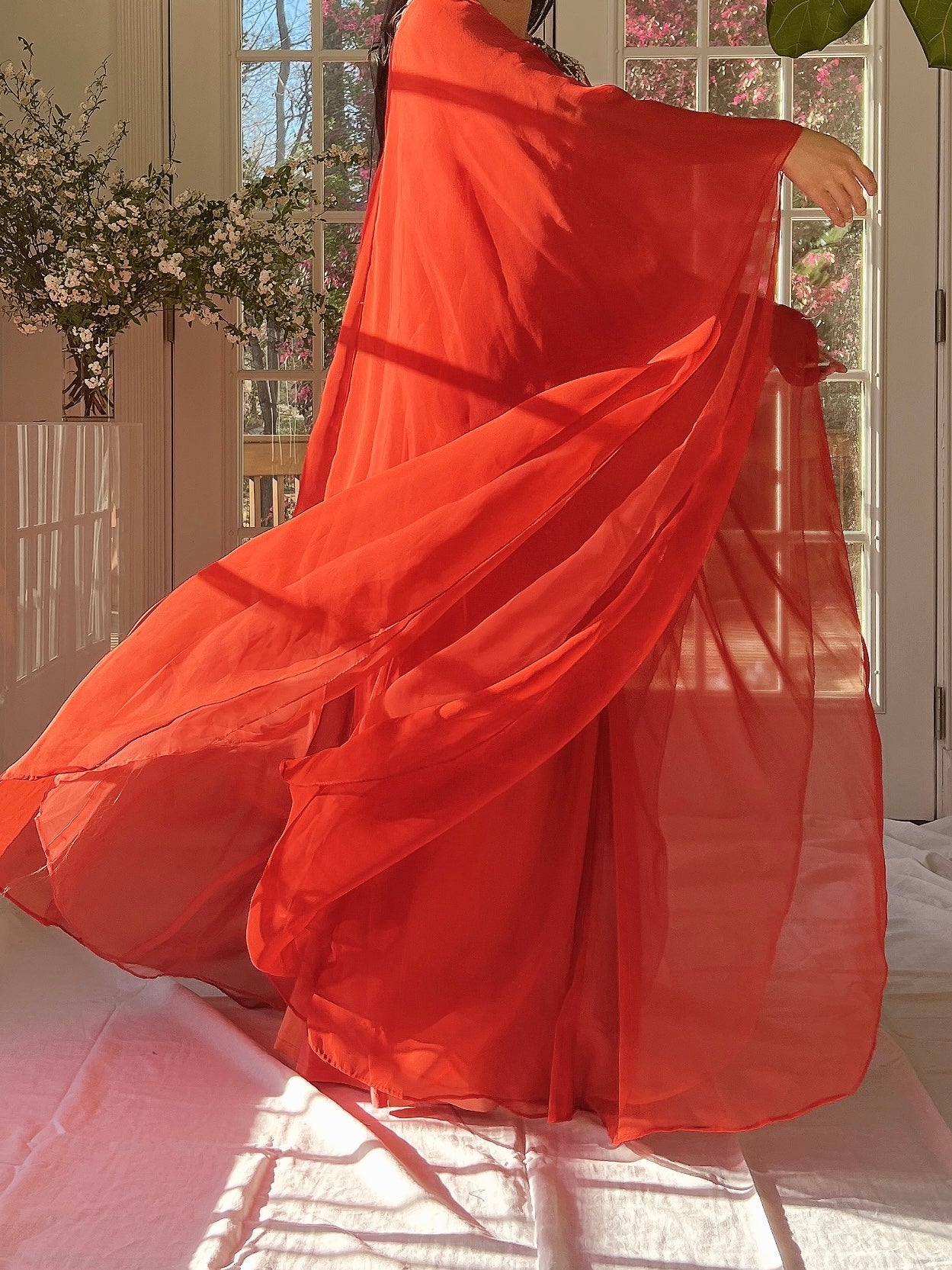 1960s Coral Red Chiffon Kaftan Dress - L