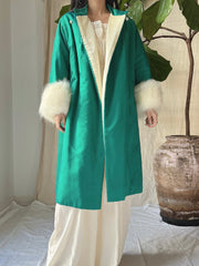 1960s Emerald Silk Satin Fox Cuff Coat - OSFM