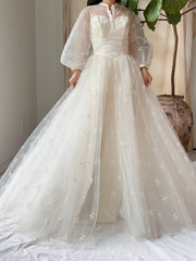 1950s Tulle Puff Sleeve Embroidered Dress - XS