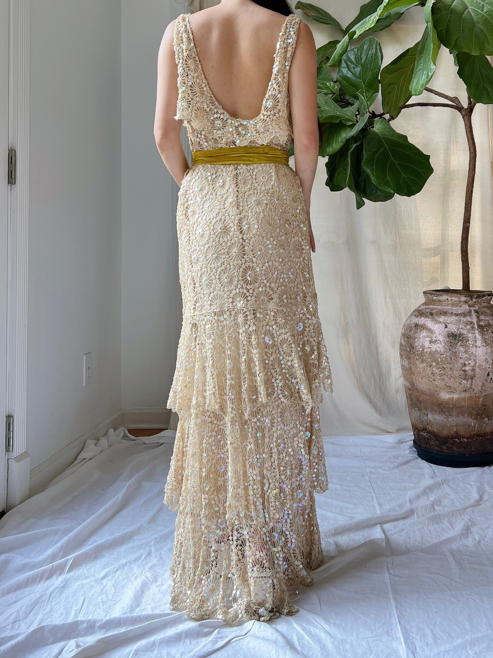 1930s Sequins Lace Gown - S