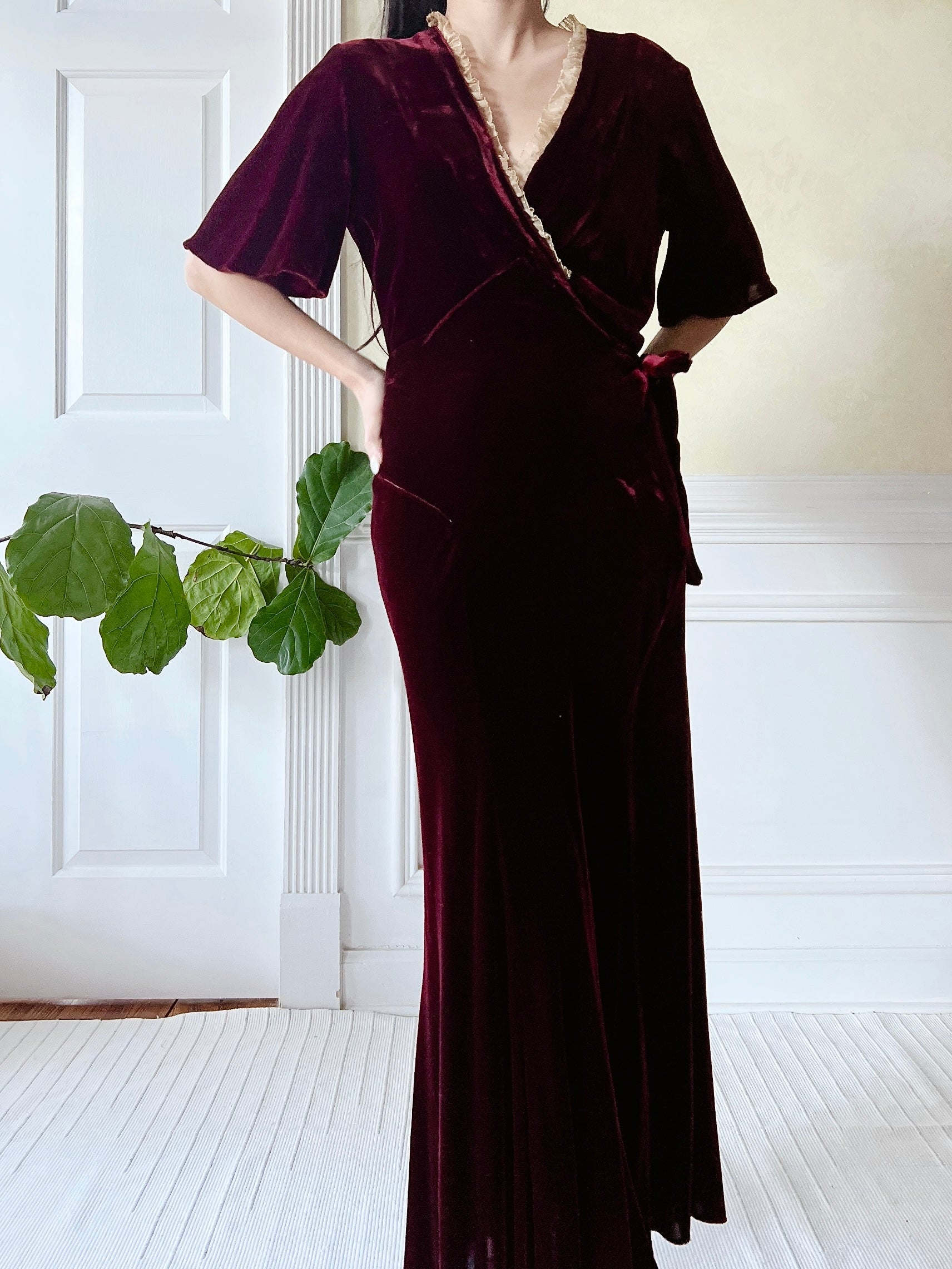 1930s Ruby Silk Velvet Dress - S