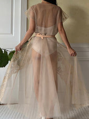 1950s Beige Tulle Sheer Dress - M