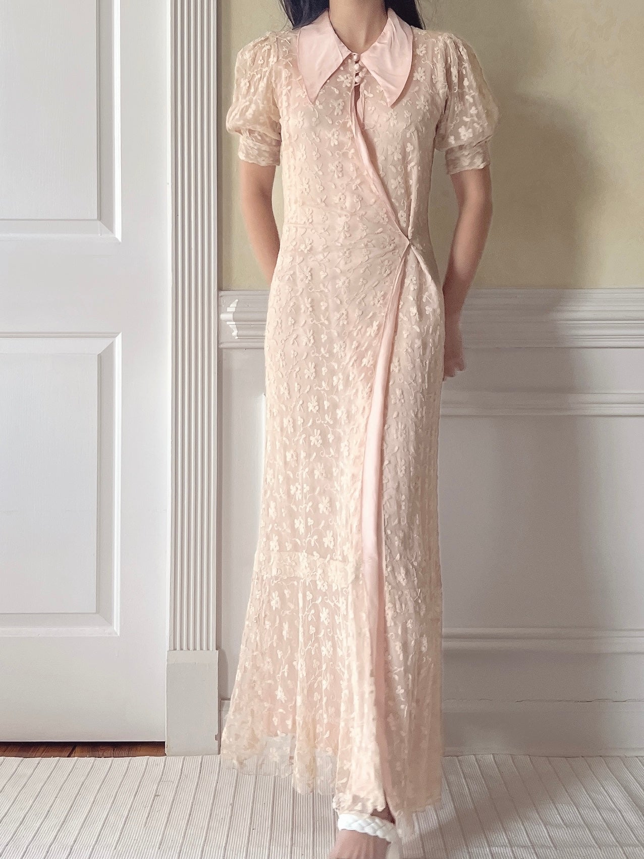 1930s Peach Needle Lace Dressing Gown  - XS/S
