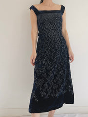 1950s Dark Blue Velvet Hand-Beaded Dress - XS