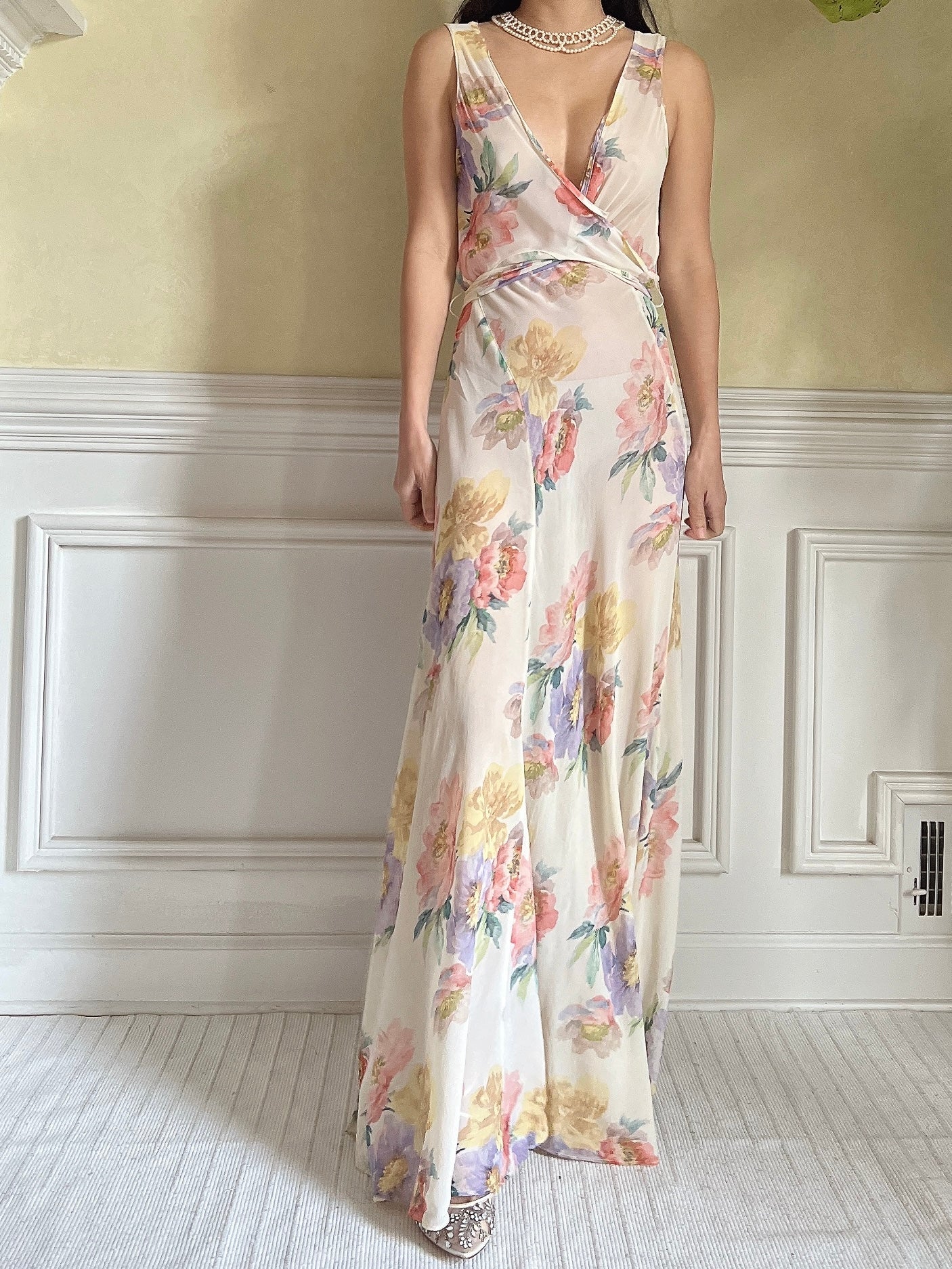 1930s Floral Rayon Chiffon Dress - S
