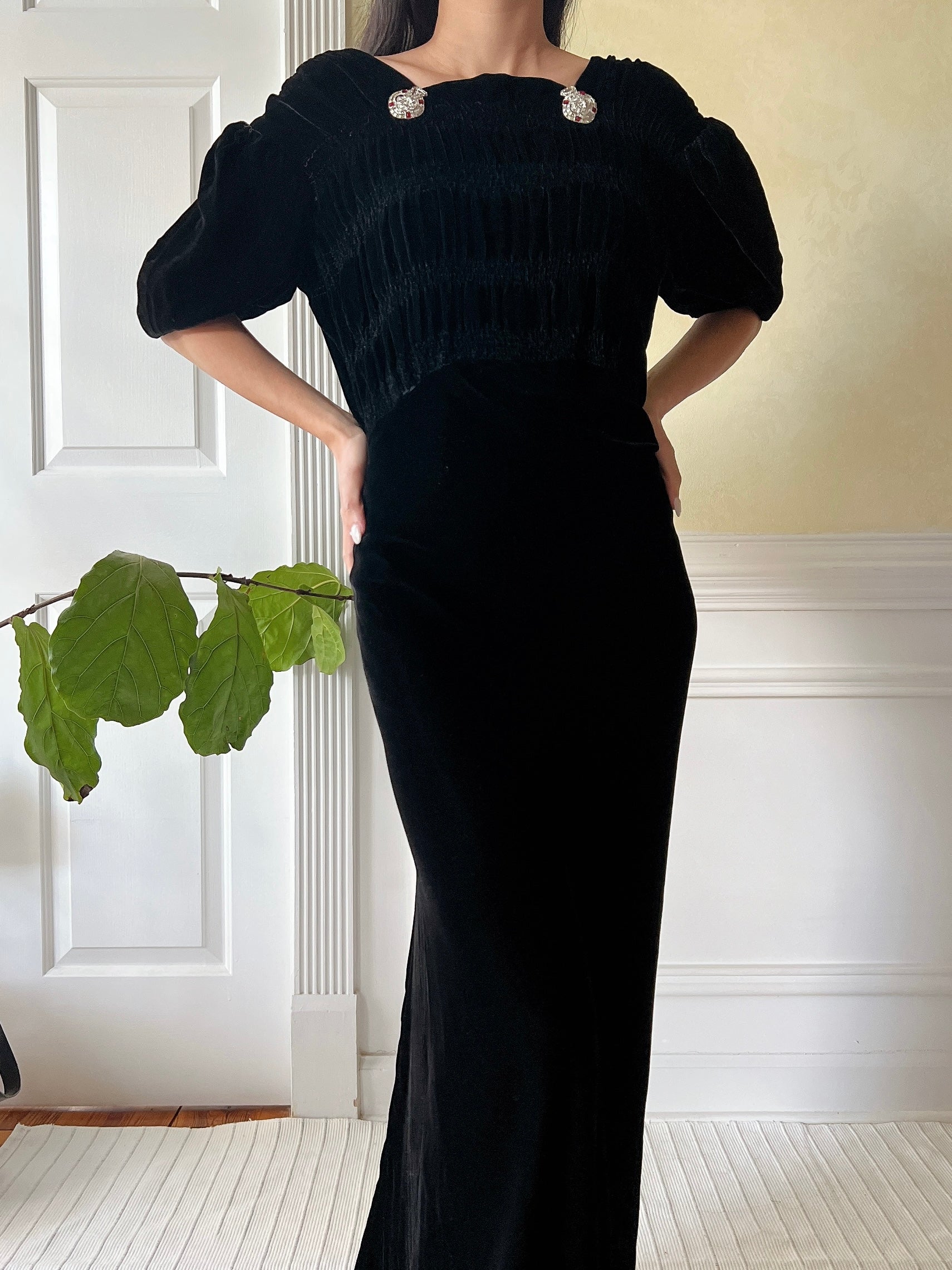 1930s Black Silk Velvet Gown - XS
