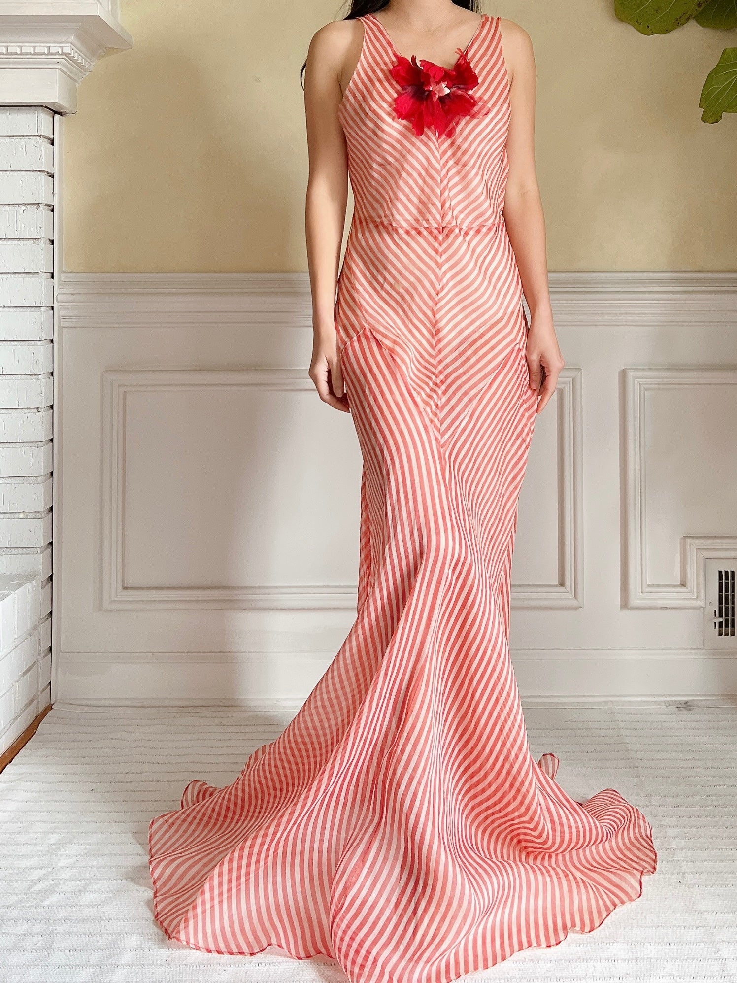 1930s Striped Silk Organza Gown - S