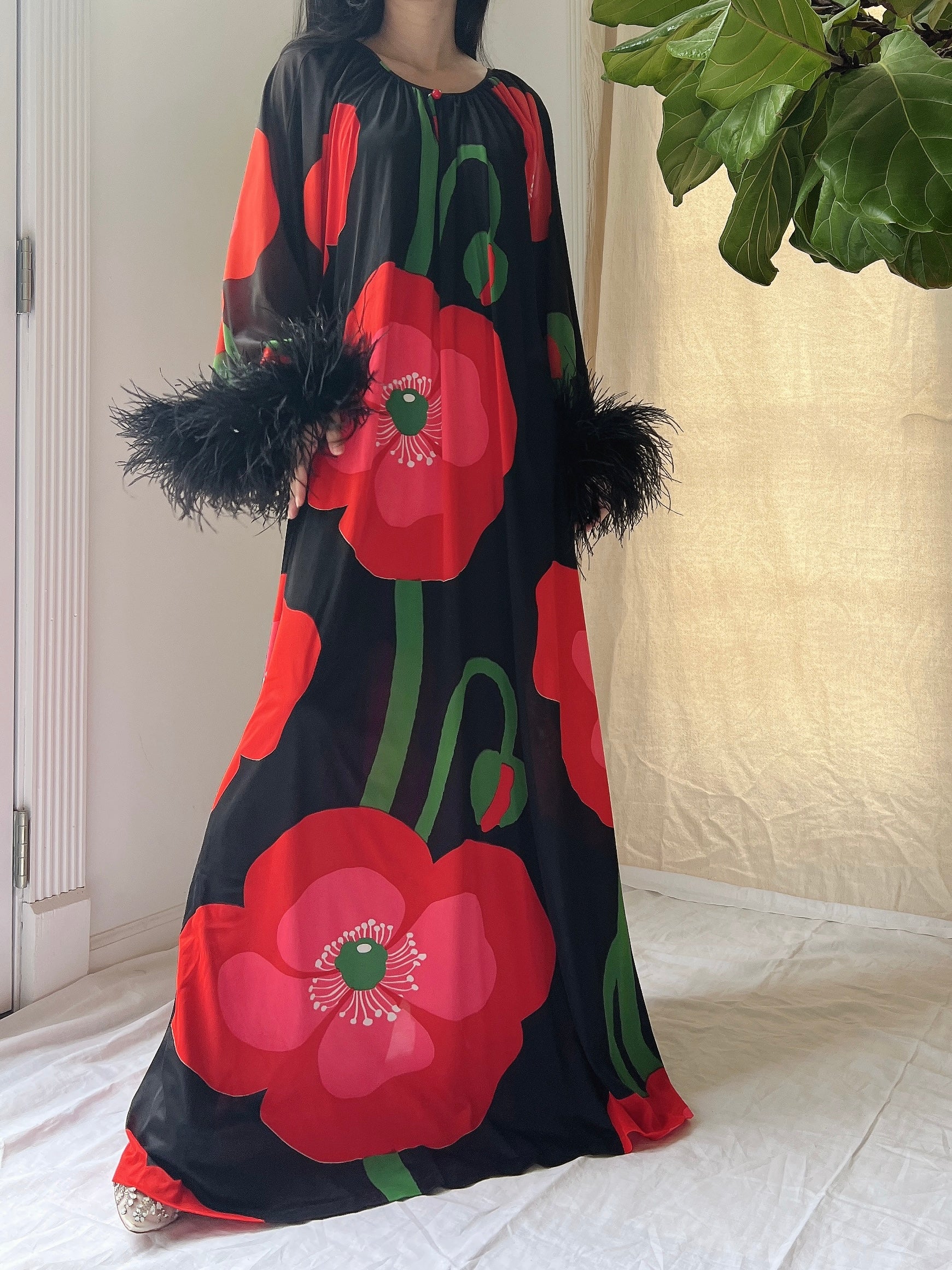 1960s Feather Nylon Poppy Caftan - OSFM