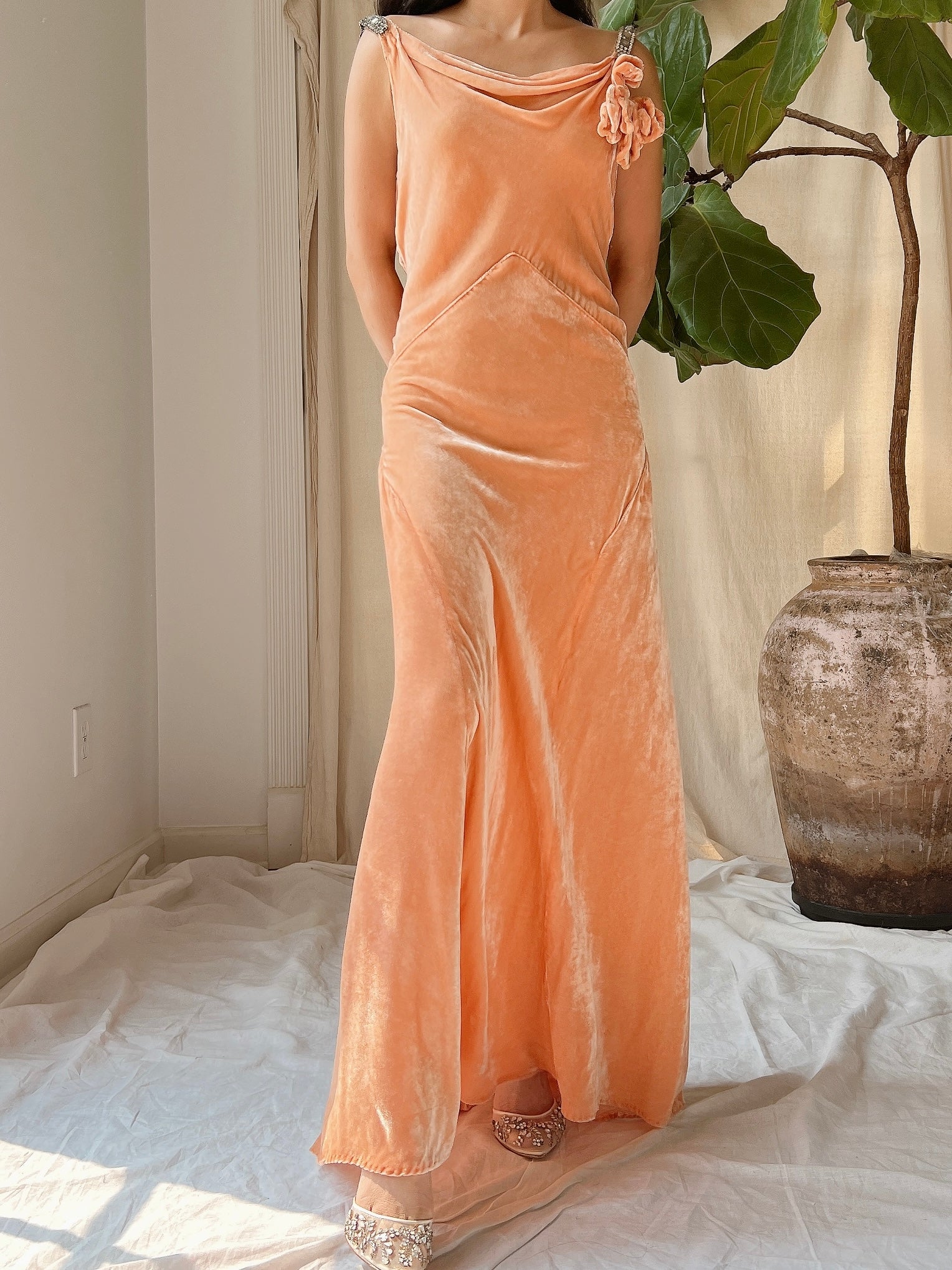1930s Peach Silk Dress - S