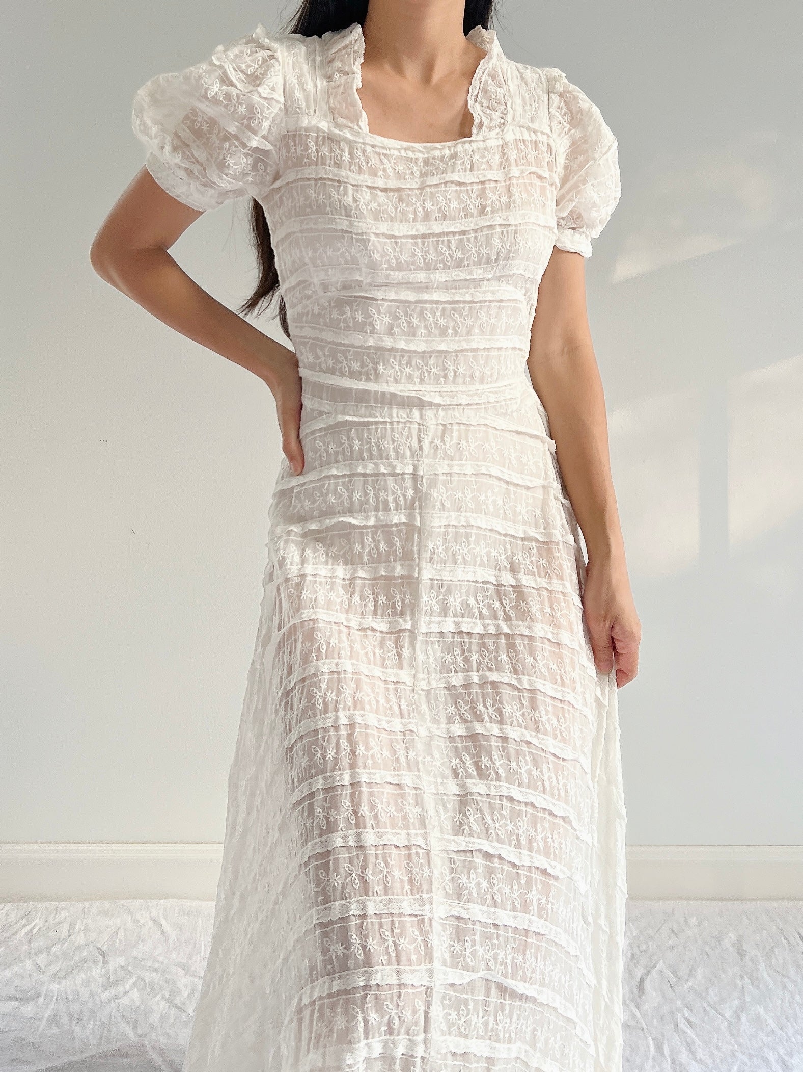 1940s Organdy Embroidered Dress - S
