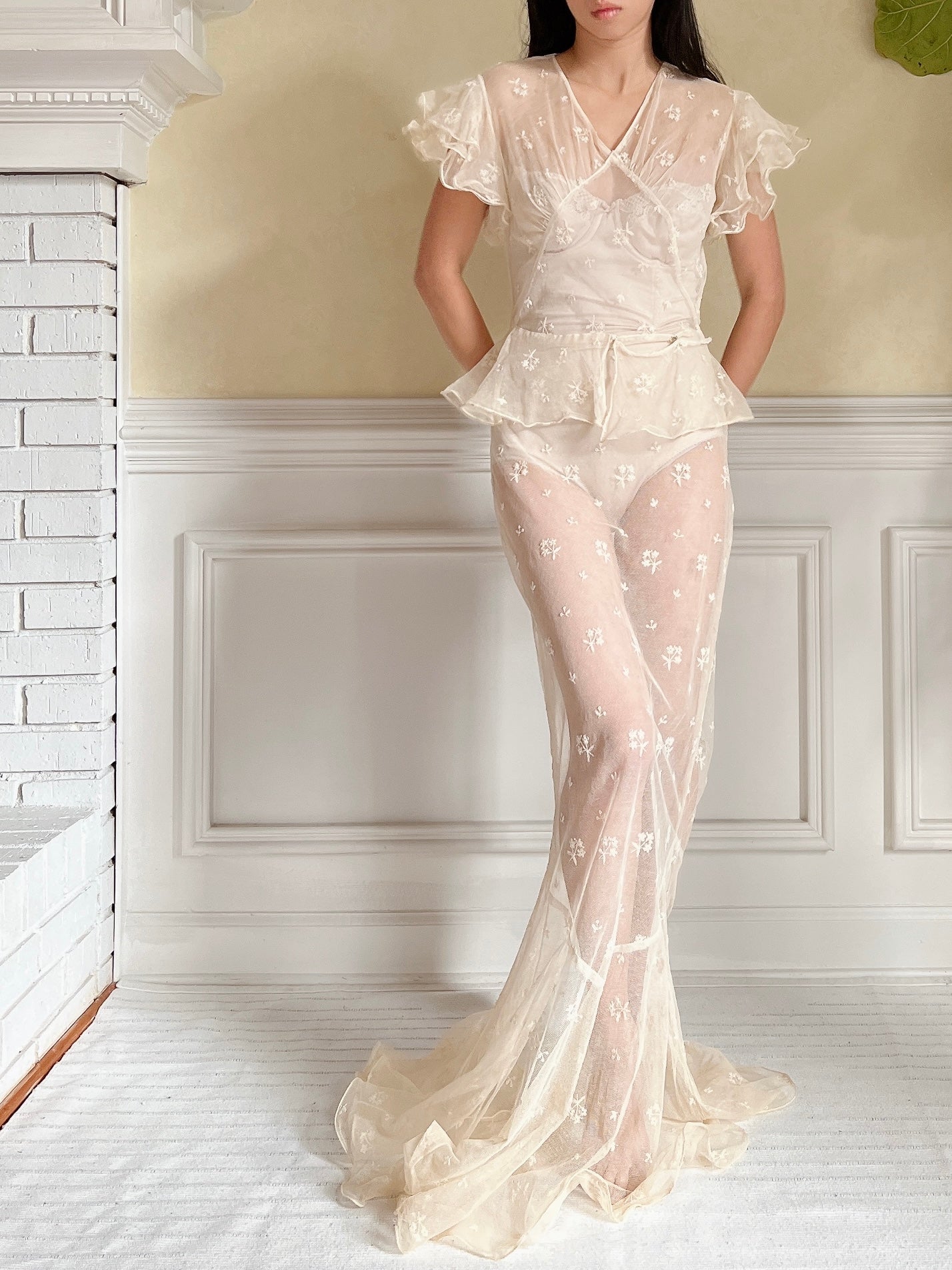 1930s Tulle Embroidered Gown - S