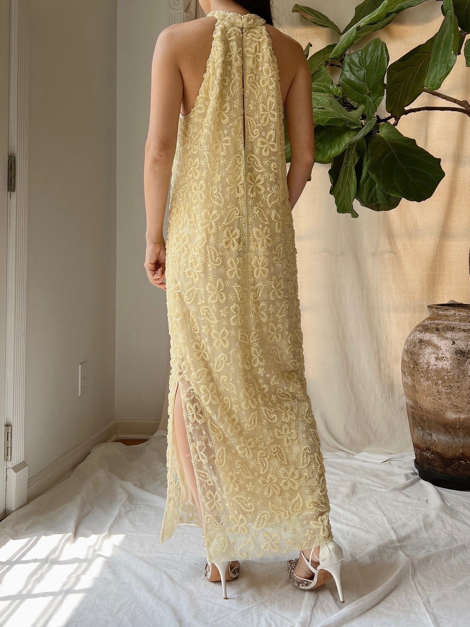 1960s Butter Yellow Beaded Tulle Dress - M