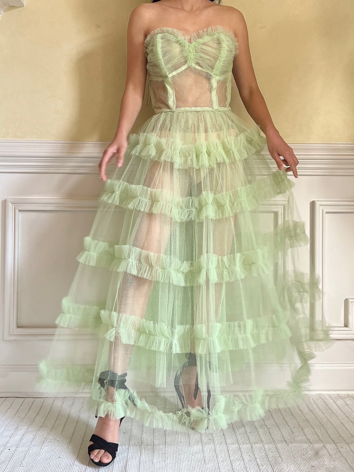 1950s Citrus Green Sheer Tulle Dress - XS