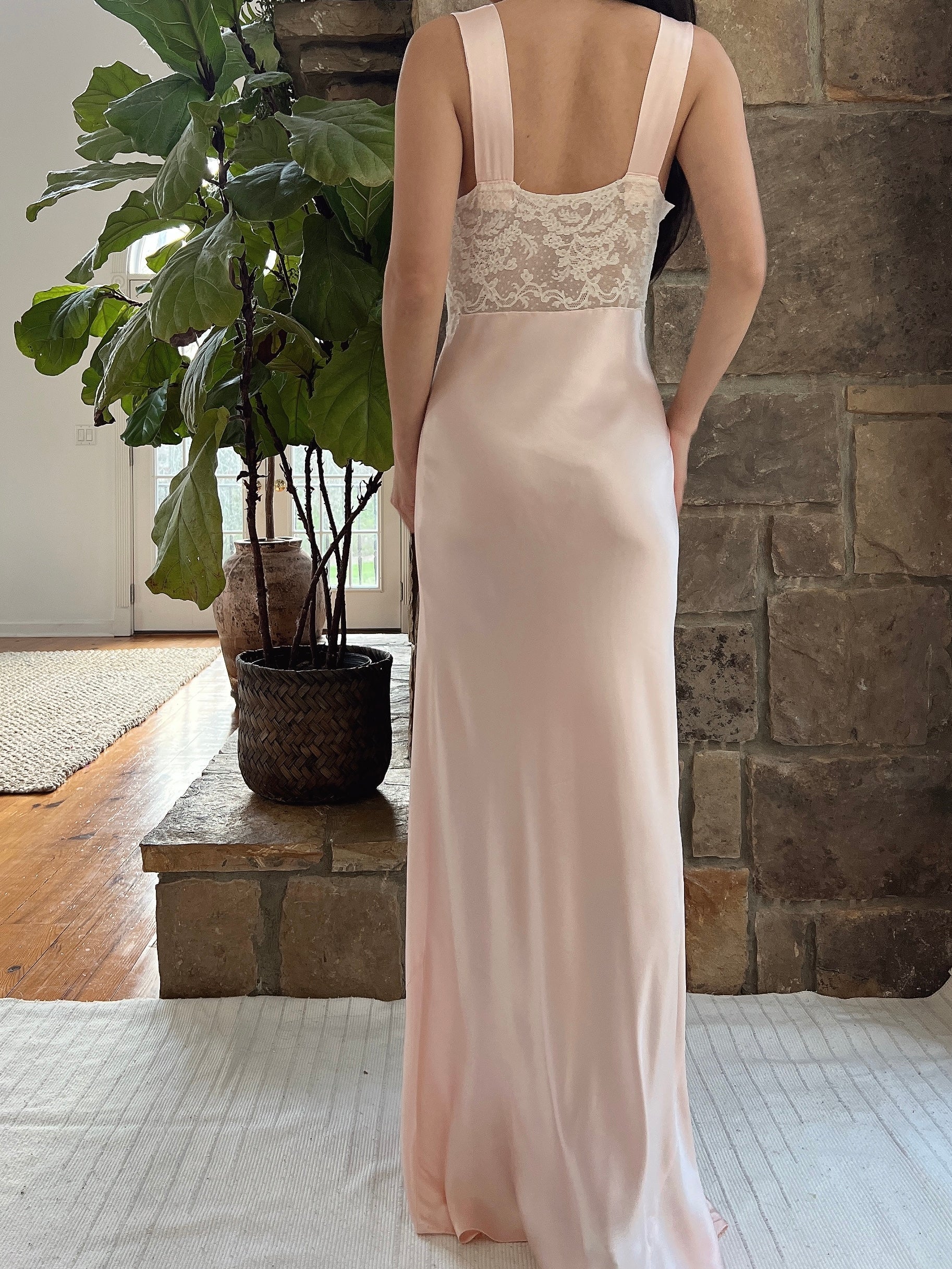 1930s Satin Keyhole Lace Bodice Gown - XS/S