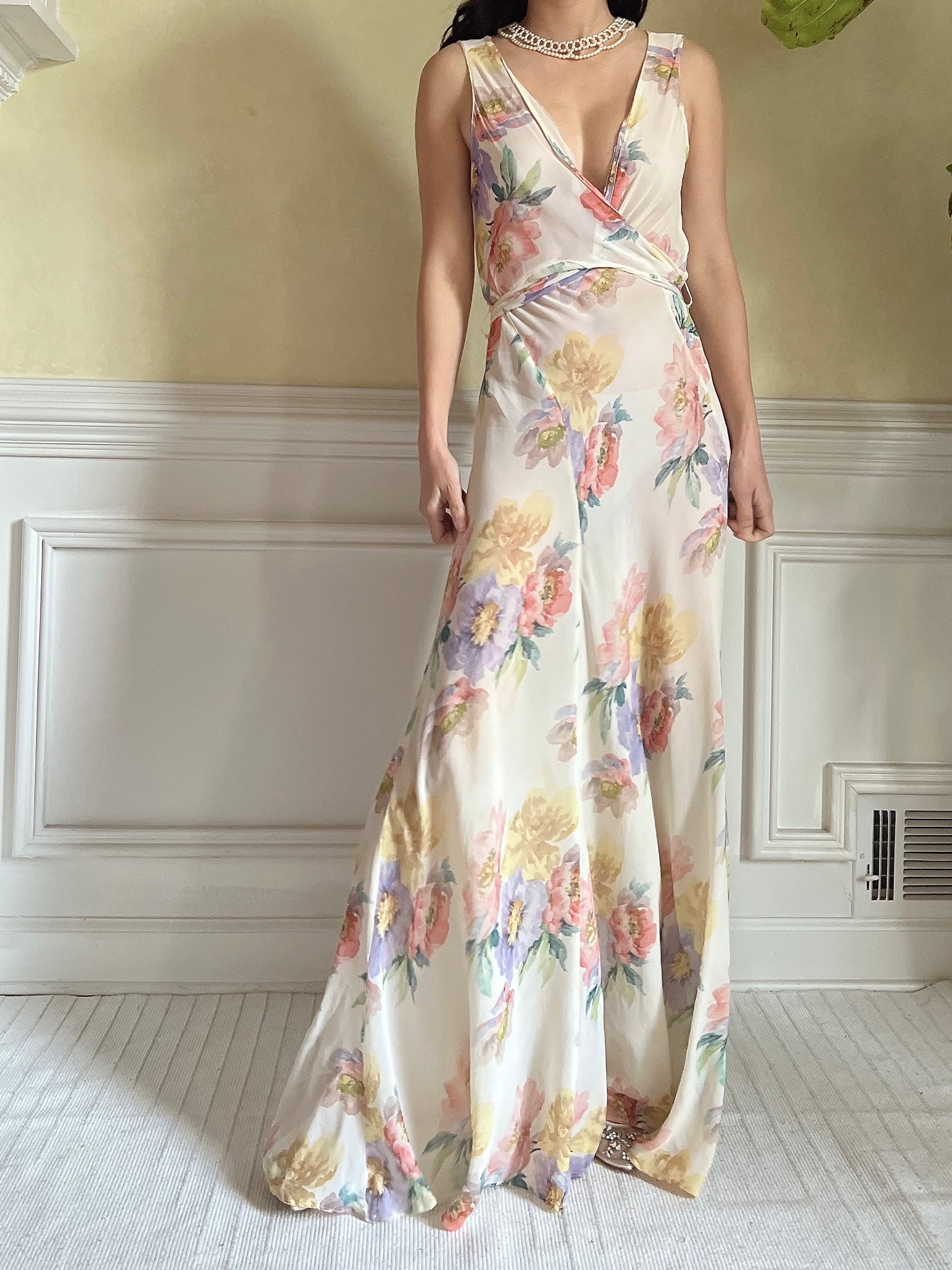 1930s Floral Rayon Chiffon Dress - S