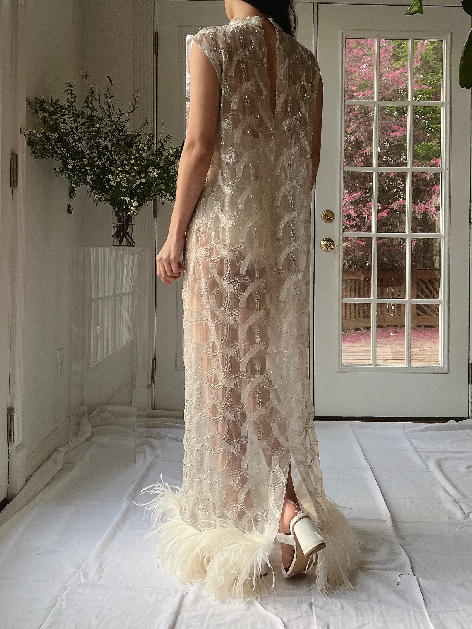1960s Beaded Organza Dress with Feathers - S-L