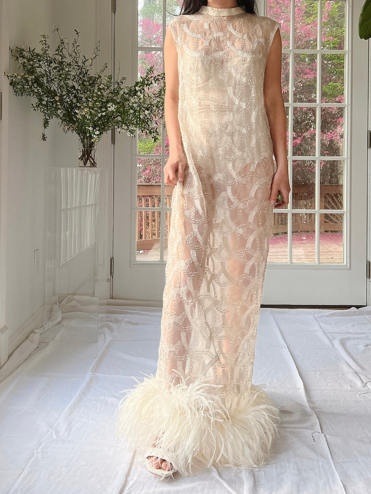 1960s Beaded Organza Dress with Feathers - S-L
