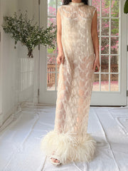 1960s Beaded Organza Dress with Feathers - S-L