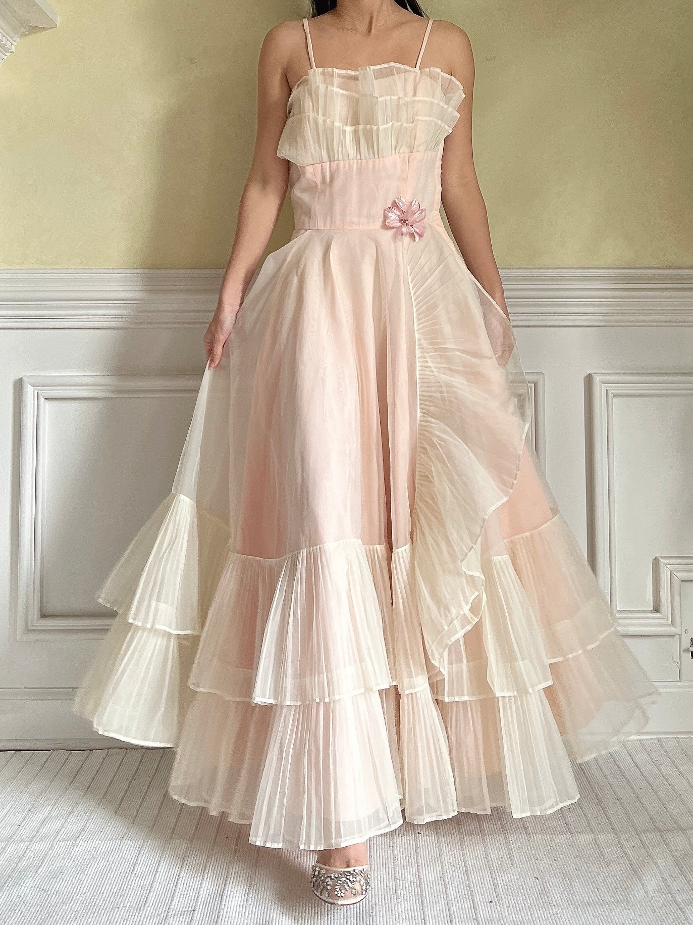 1950s Net Chiffon Ruffle Dress - XS/S