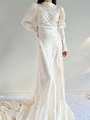 1930s Patterned Satin Mutton Sleeve Gown - S/M