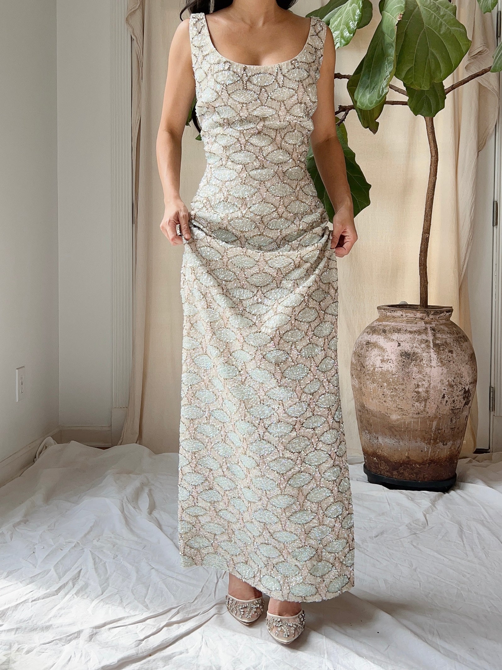 1960s Bruce Arnold Hand-Beaded Sequins Gown - M